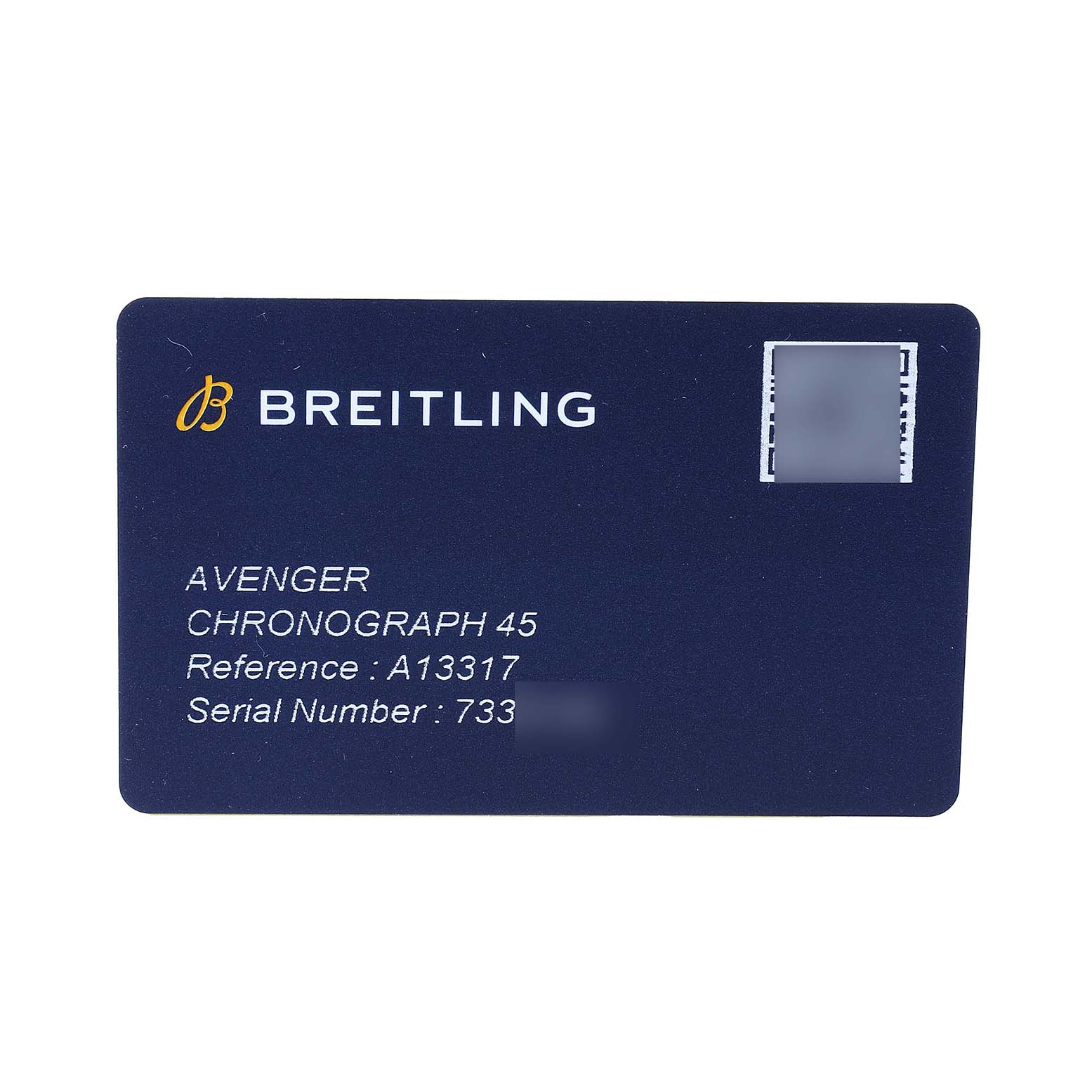 The image shows a Breitling Avenger A13317101C1A1 Men's Stainless Steel Blue Dial Chronograph 45 card with model and serial information.