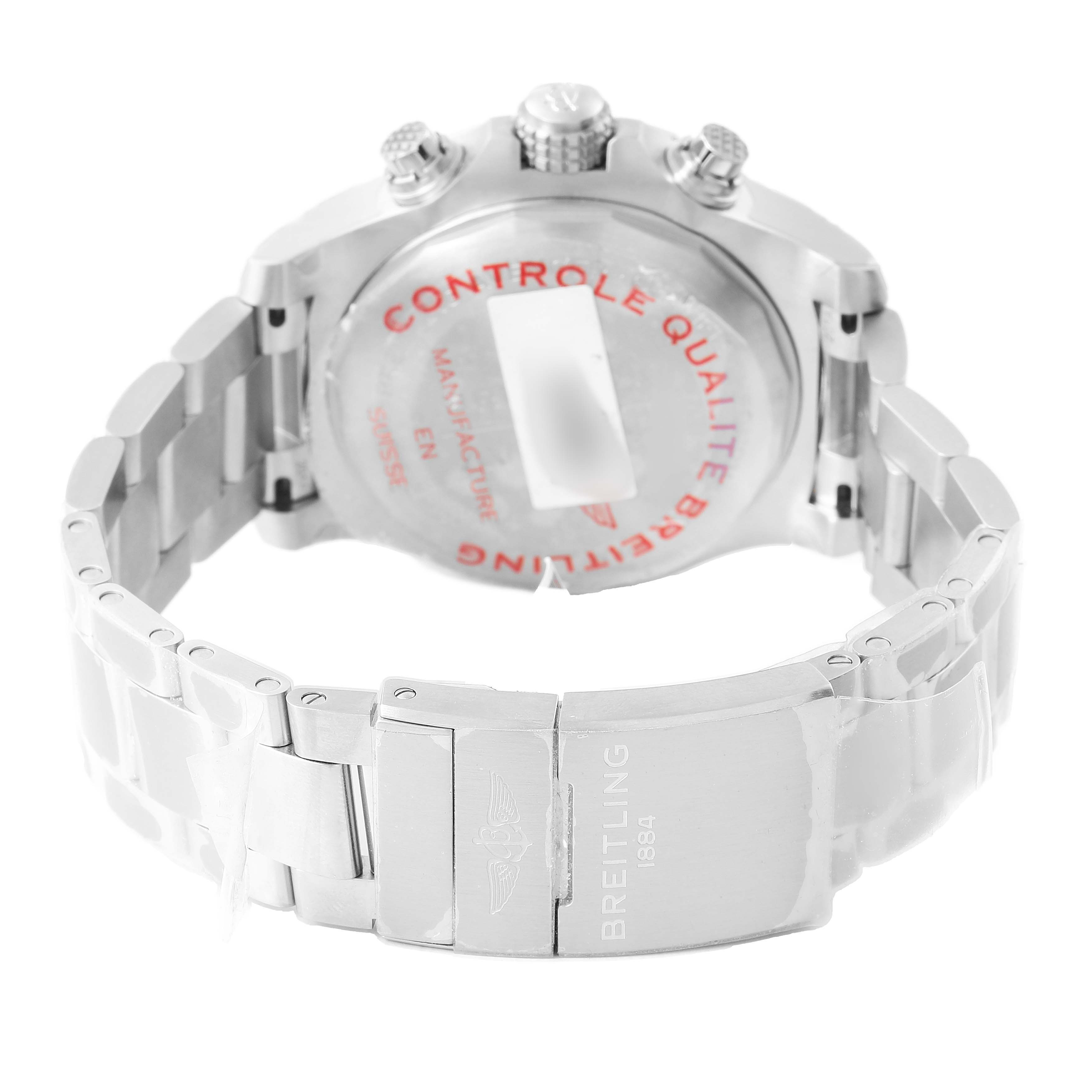 The image shows the back and bracelet clasp of a Breitling Avenger A24315101B1A1 Men's Stainless Steel Black Dial watch from a rear angle.