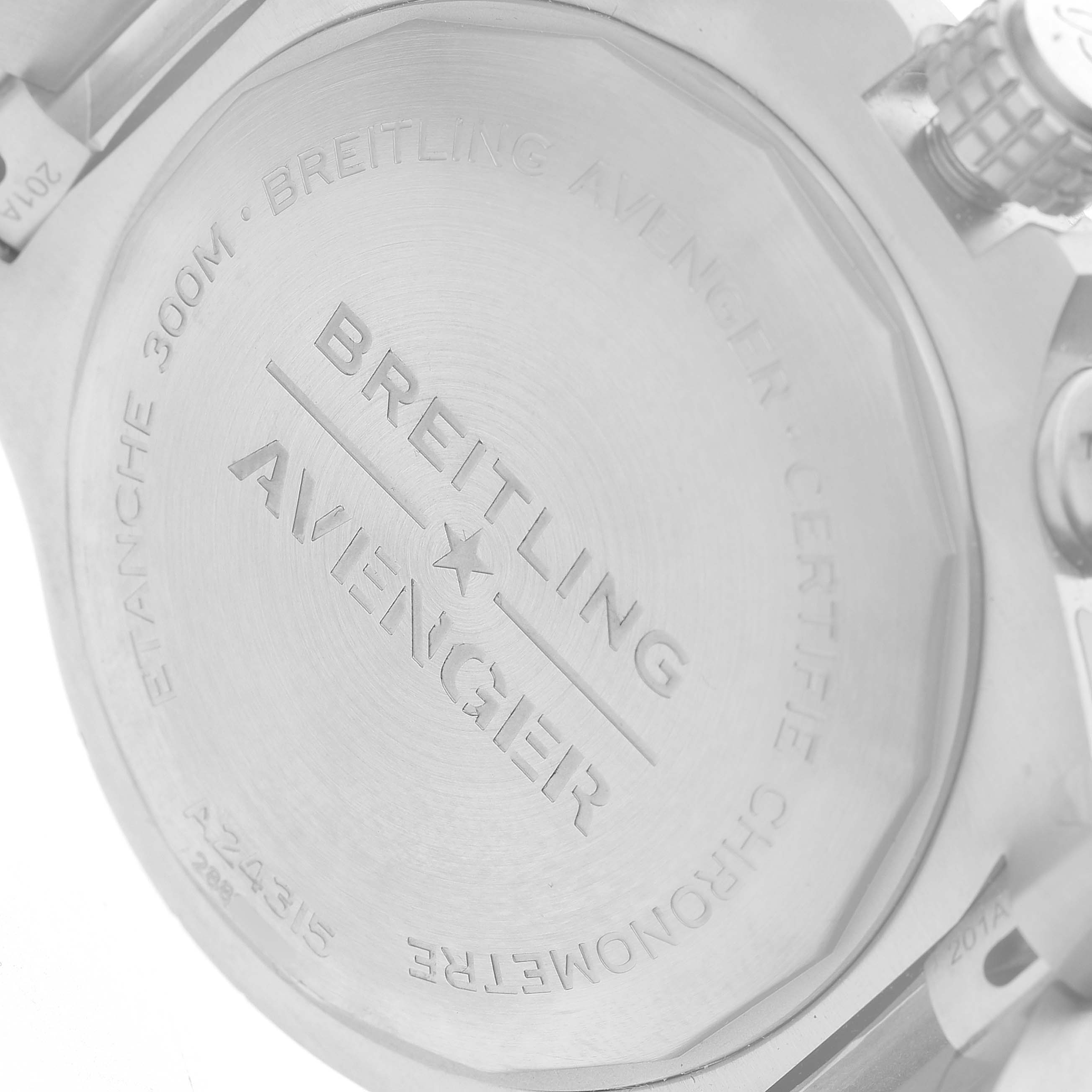 The image shows the back case of a Breitling Avenger A24315101B1A1 Men's Stainless Steel Black Dial, highlighting engraved details and water resistance.