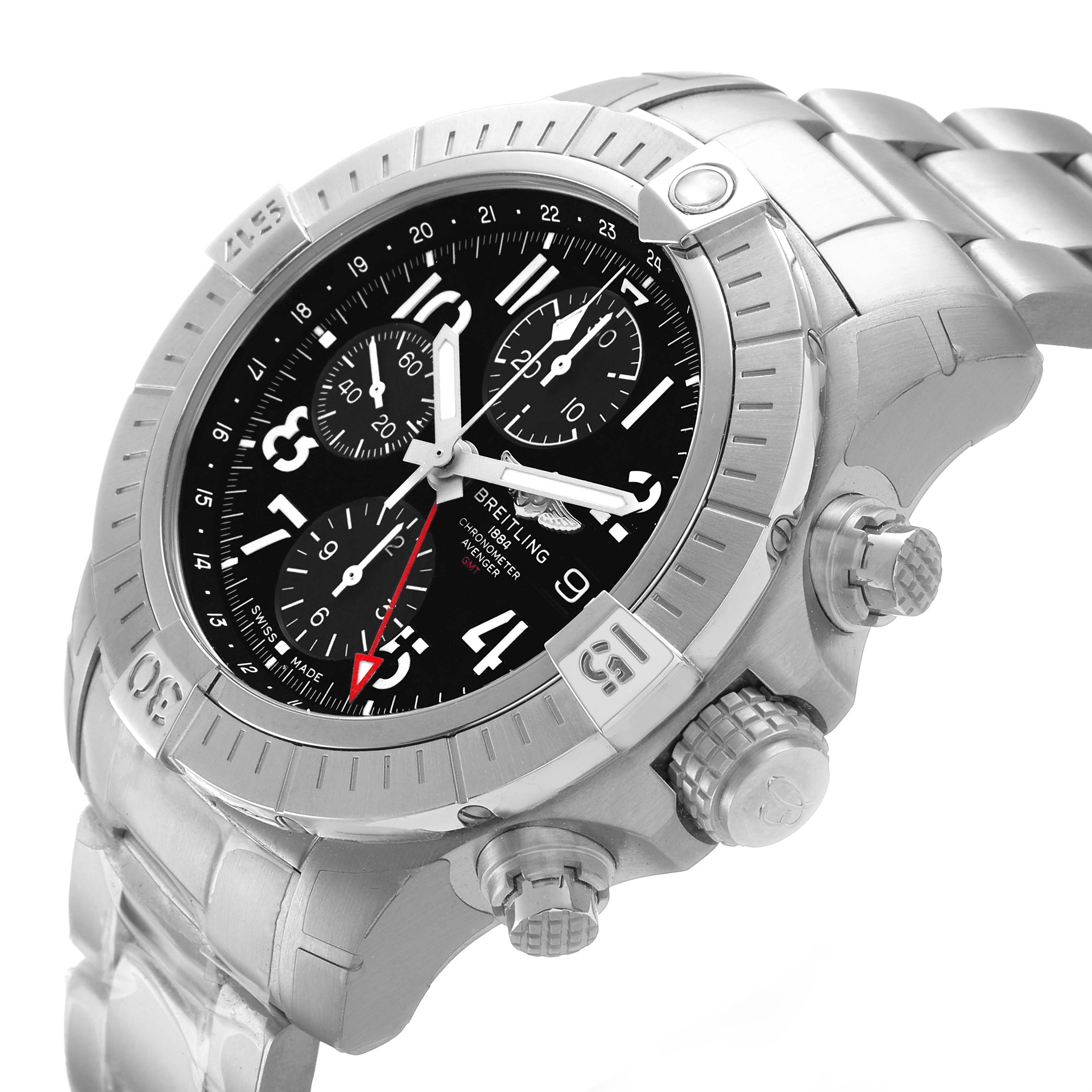 The Breitling Avenger A24315101B1A1 Men's Stainless Steel Black Dial watch is shown at an angled side view, highlighting the face, bezel, and crown.