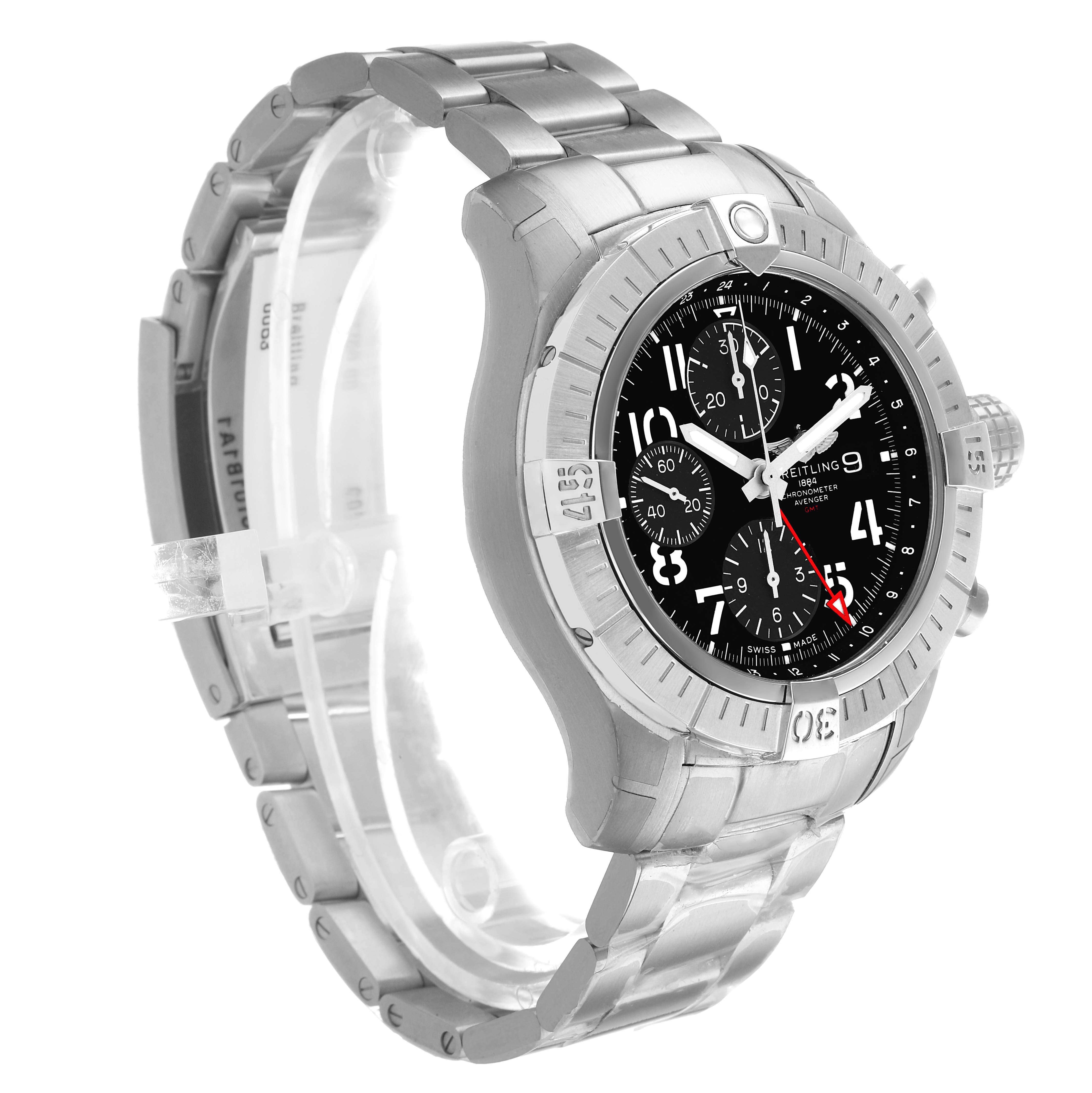 The Breitling Avenger A24315101B1A1 Men's Stainless Steel Black Dial watch is shown at a three-quarter angle, highlighting the face, bezel, and metal bracelet.