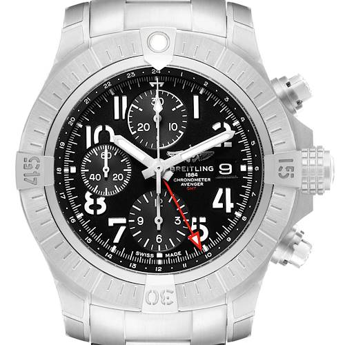 The Breitling Avenger A24315101B1A1 Men's Stainless Steel Black Dial watch is shown from the front, displaying its bezel, chronograph dials, and side crown.