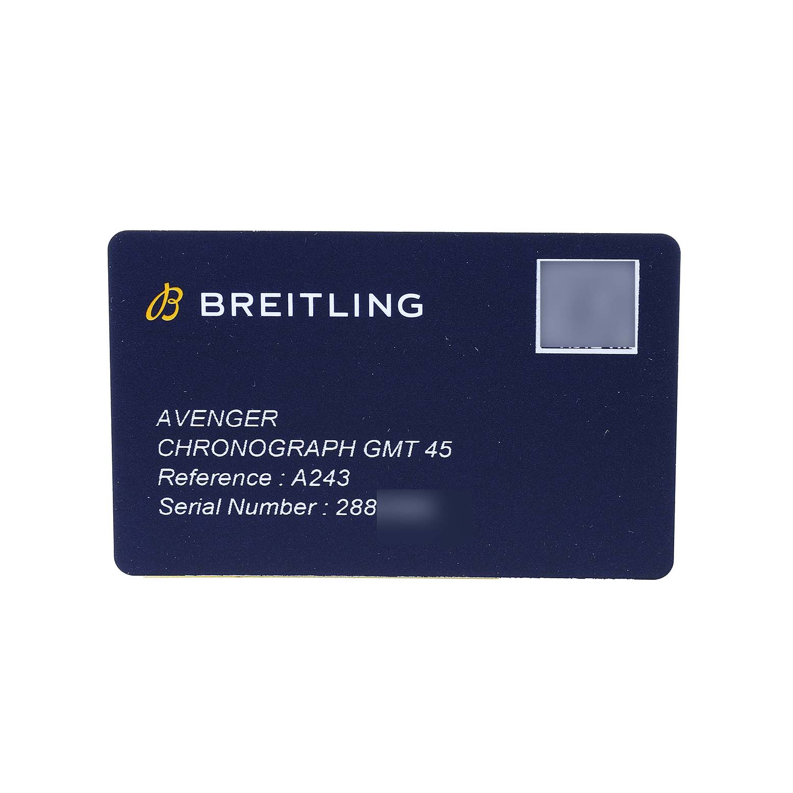 This is a warranty or authentication card for the Breitling Avenger A24315101B1A1 Men's Stainless Steel Black Dial model, showing reference and serial numbers.