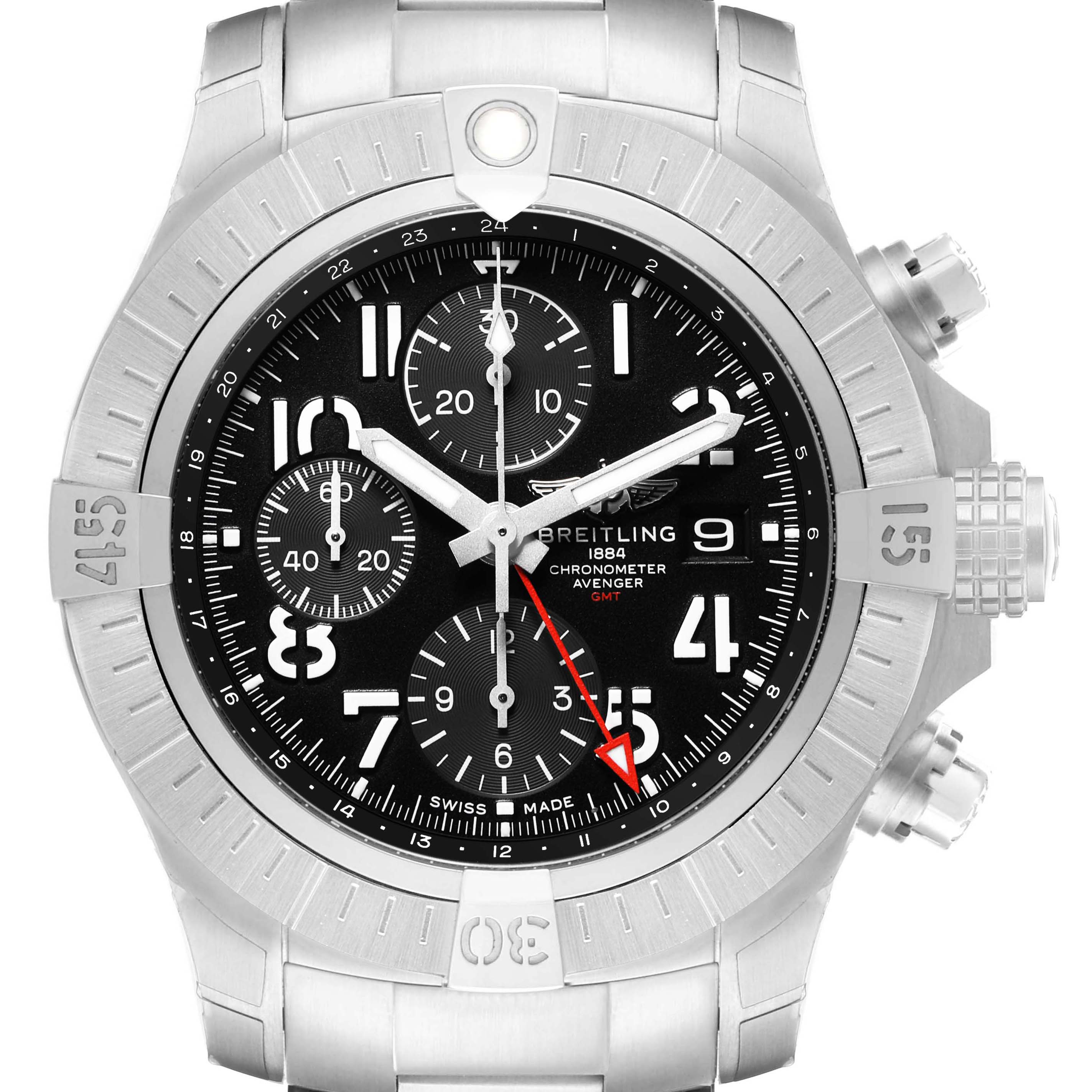 The Breitling Avenger A24315101B1A1 Men's Stainless Steel Black Dial watch is shown from the front, displaying the bezel, dial, crown, and subdials.