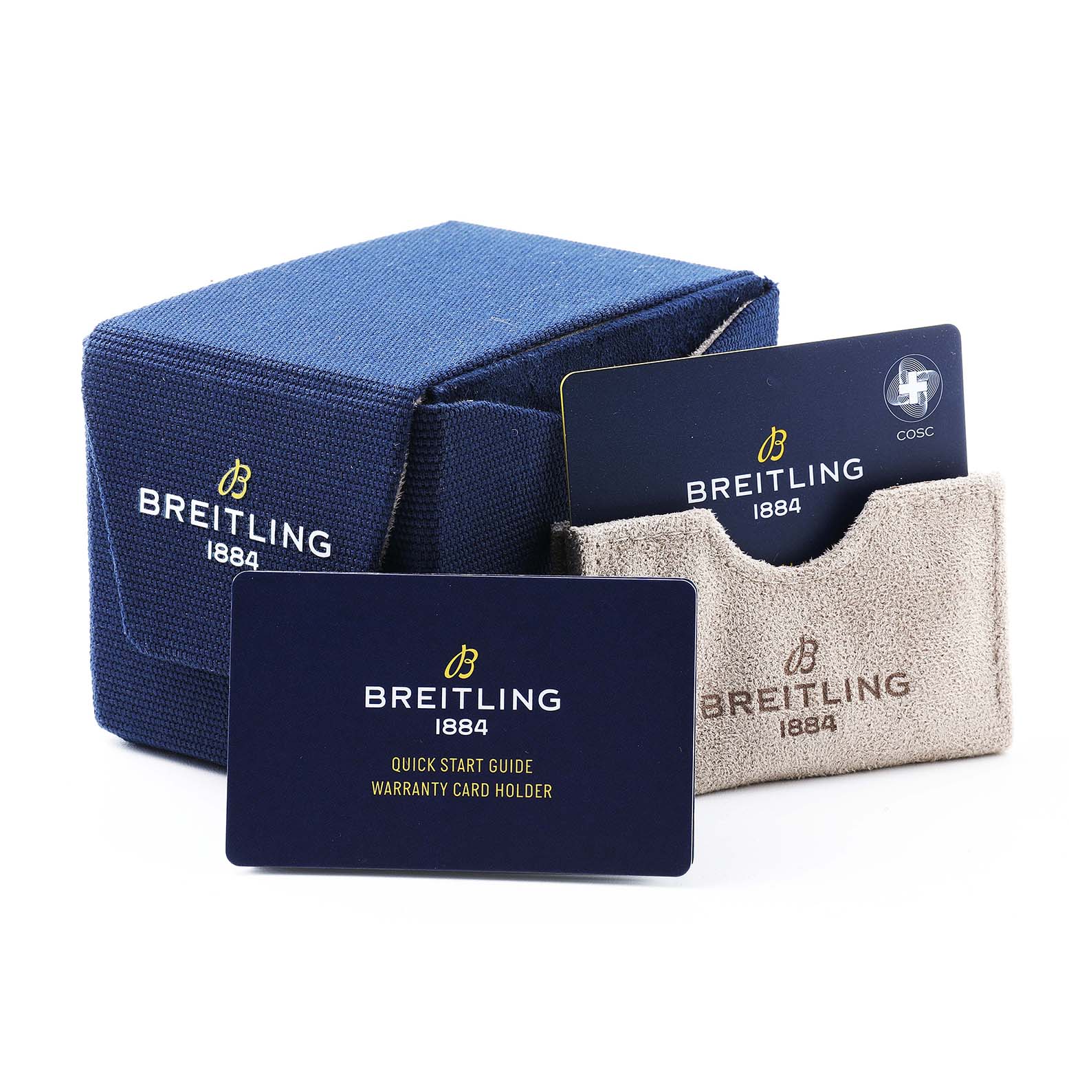 The image shows Breitling Avenger A24315101B1A1 Men's Stainless Steel Black Dial watch accessories, including a blue box, quick start guide, and warranty card holder.