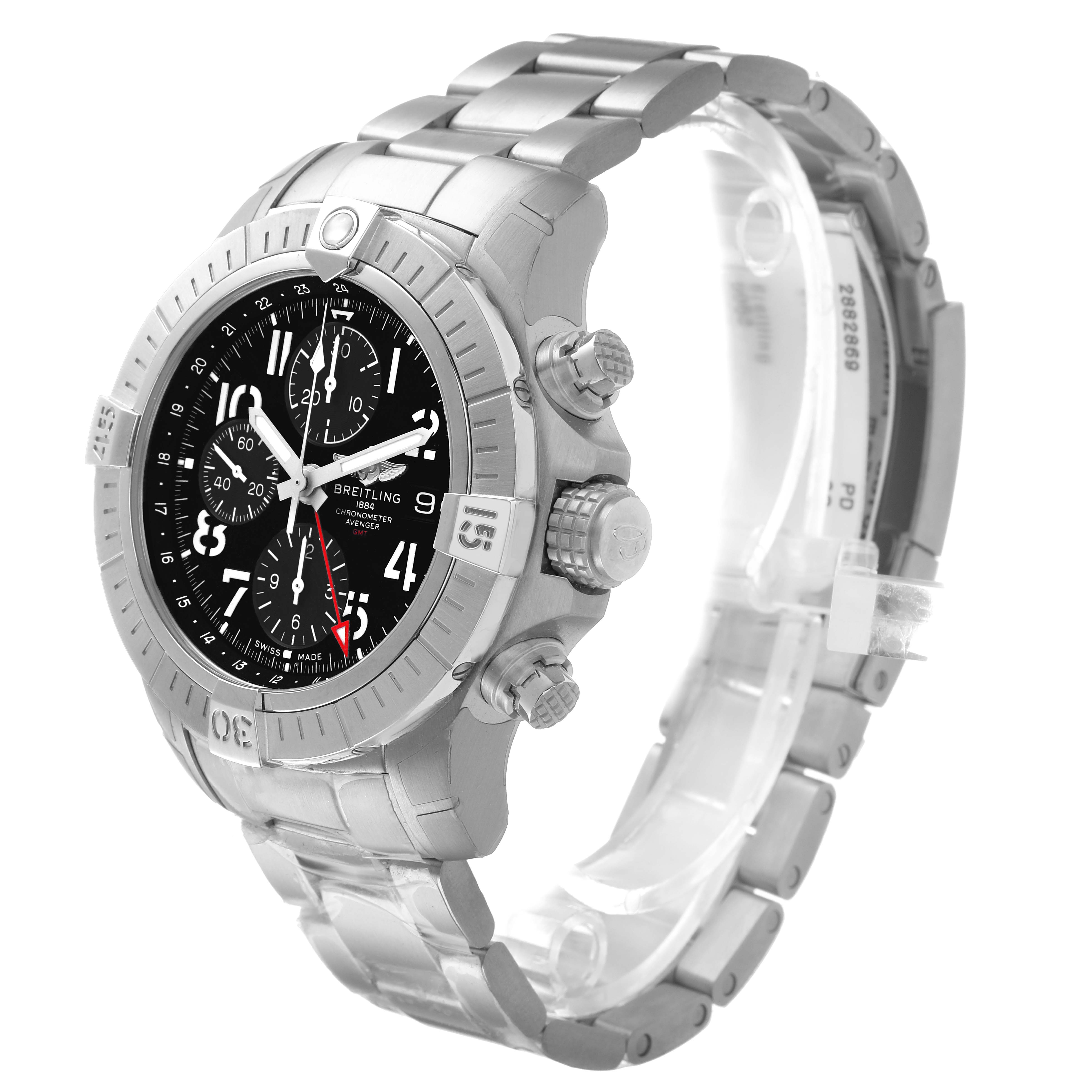 The Breitling Avenger A24315101B1A1 Men's Stainless Steel Black Dial watch is shown from a three-quarter angle, highlighting the bezel, crown, chronograph pushers, and bracelet.