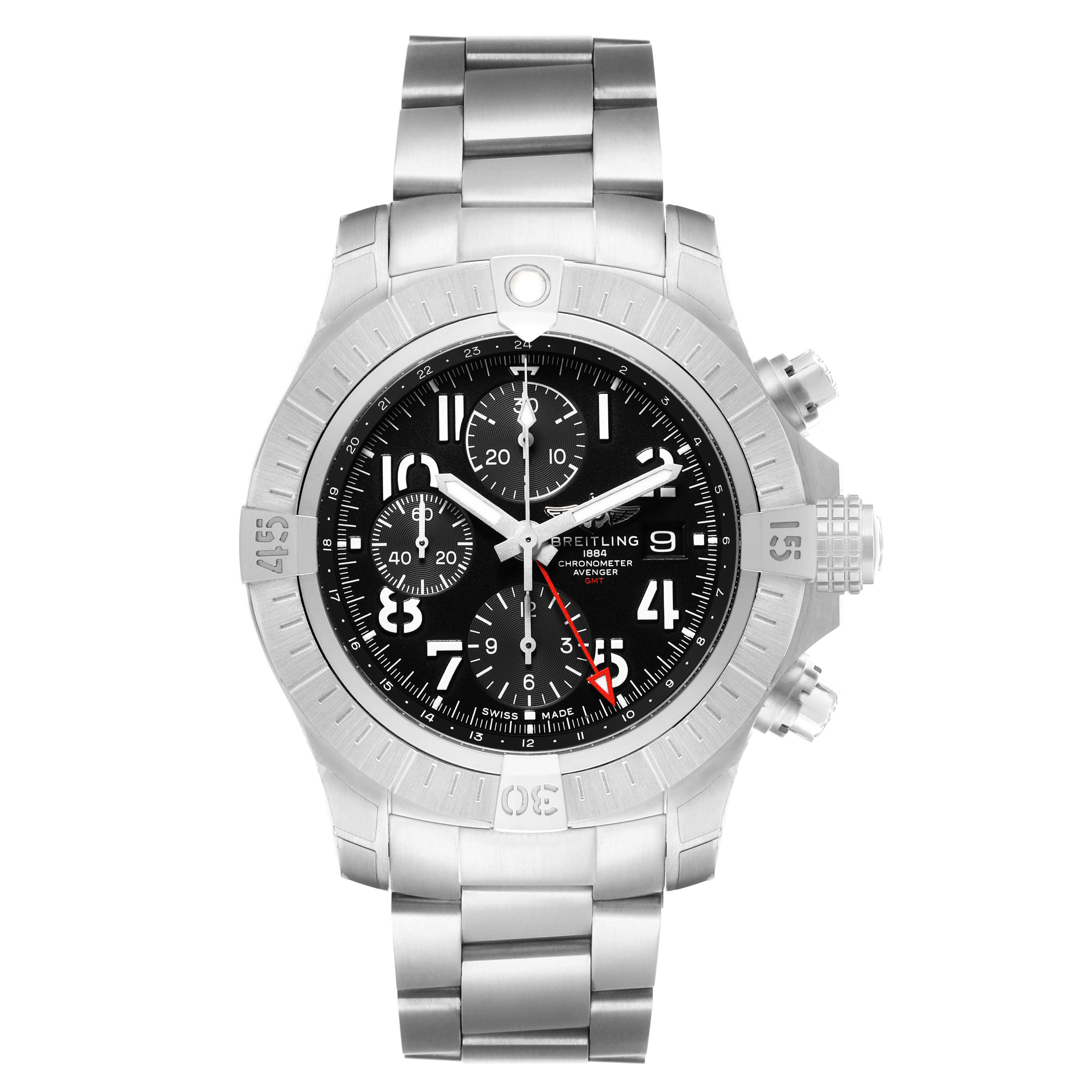 The Breitling Avenger A24315101B1A1 Men's Stainless Steel Black Dial watch is shown from the front, displaying its dial, bezel, and metal bracelet.