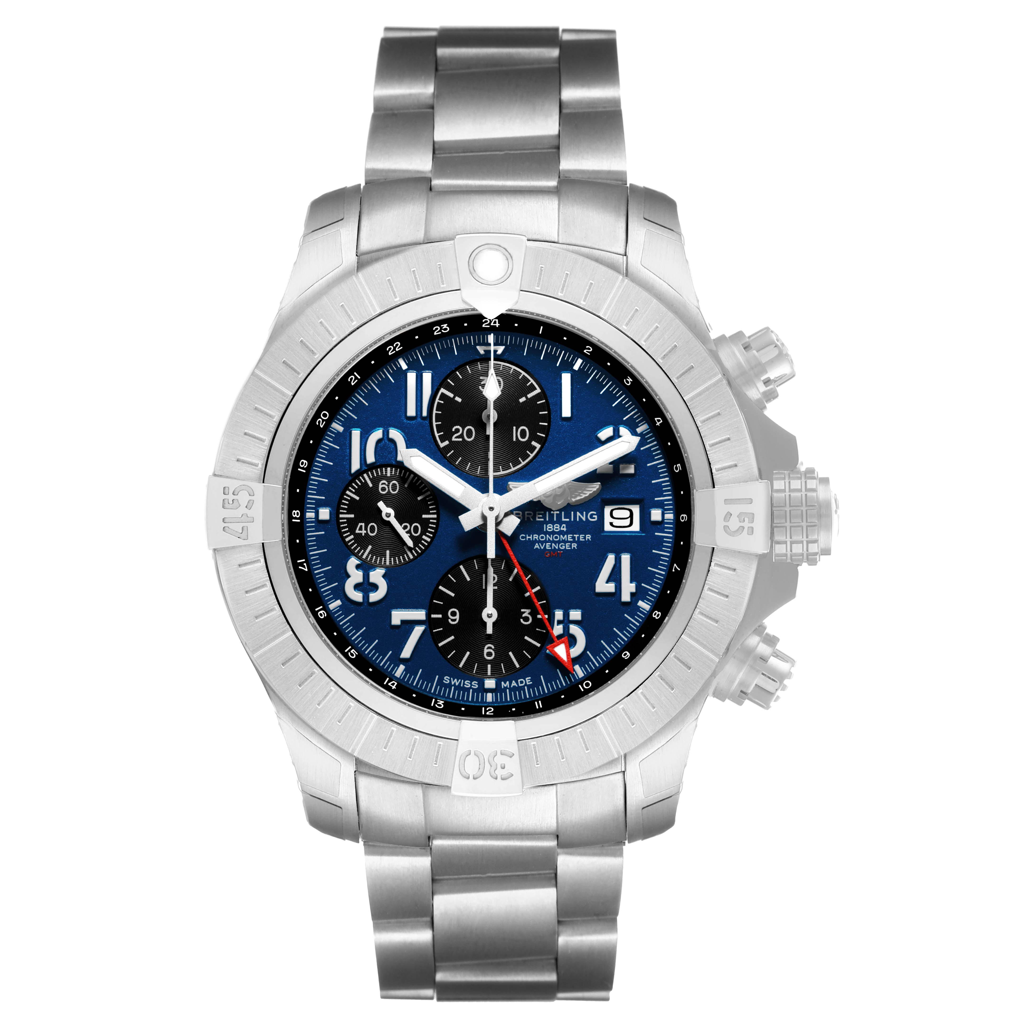 The Breitling Avenger A24315101C1A1 Men's Stainless Steel Blue Dial watch is shown from the front, featuring its dial, bezels, and metal bracelet.
