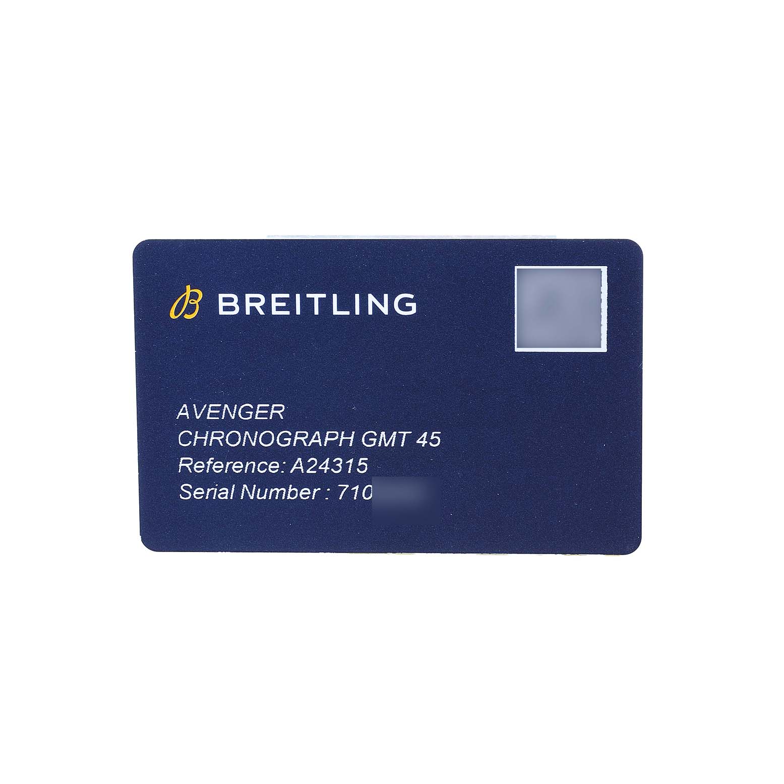 The image shows a Breitling Avenger A24315101C1A1 Men's Stainless Steel Blue Dial watch card, displaying model, reference, and serial details.