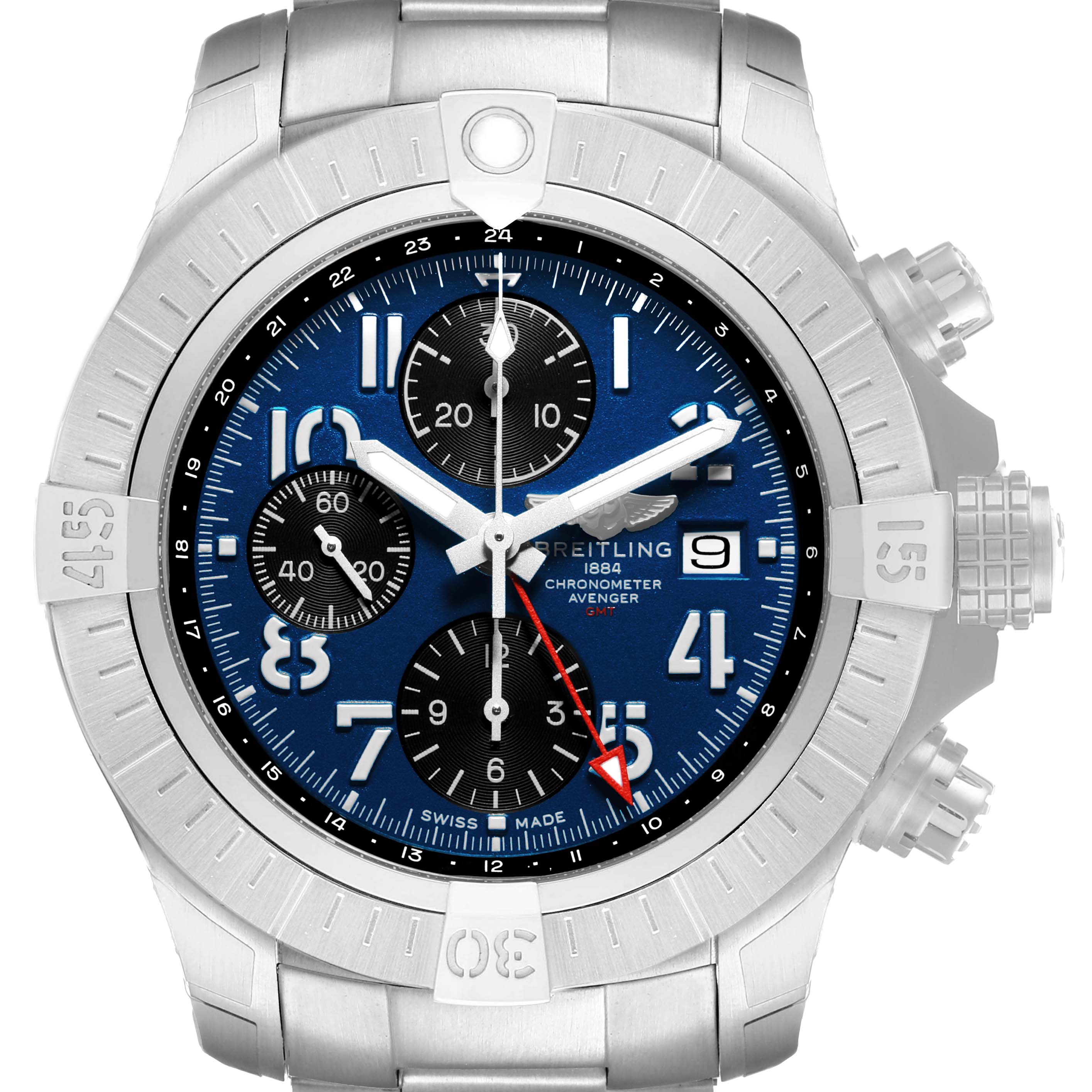The Breitling Avenger A24315101C1A1 Men's Stainless Steel Blue Dial watch is shown from a front angle, highlighting the dial, bezel, subdials, and crown.