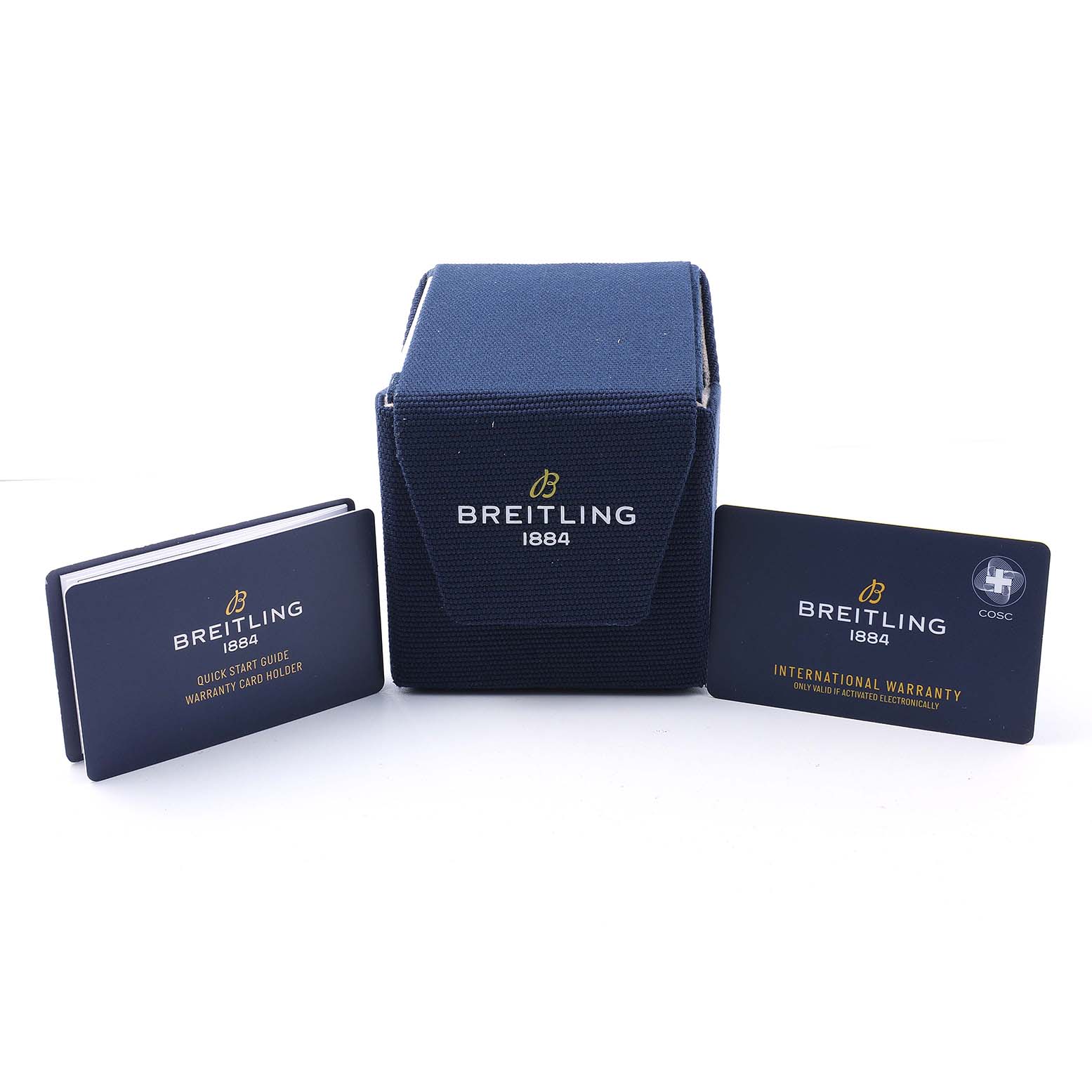 The image shows a box, quick start guide, and warranty card for the Breitling Avenger A24315101C1A1 Men's Stainless Steel Blue Dial watch.