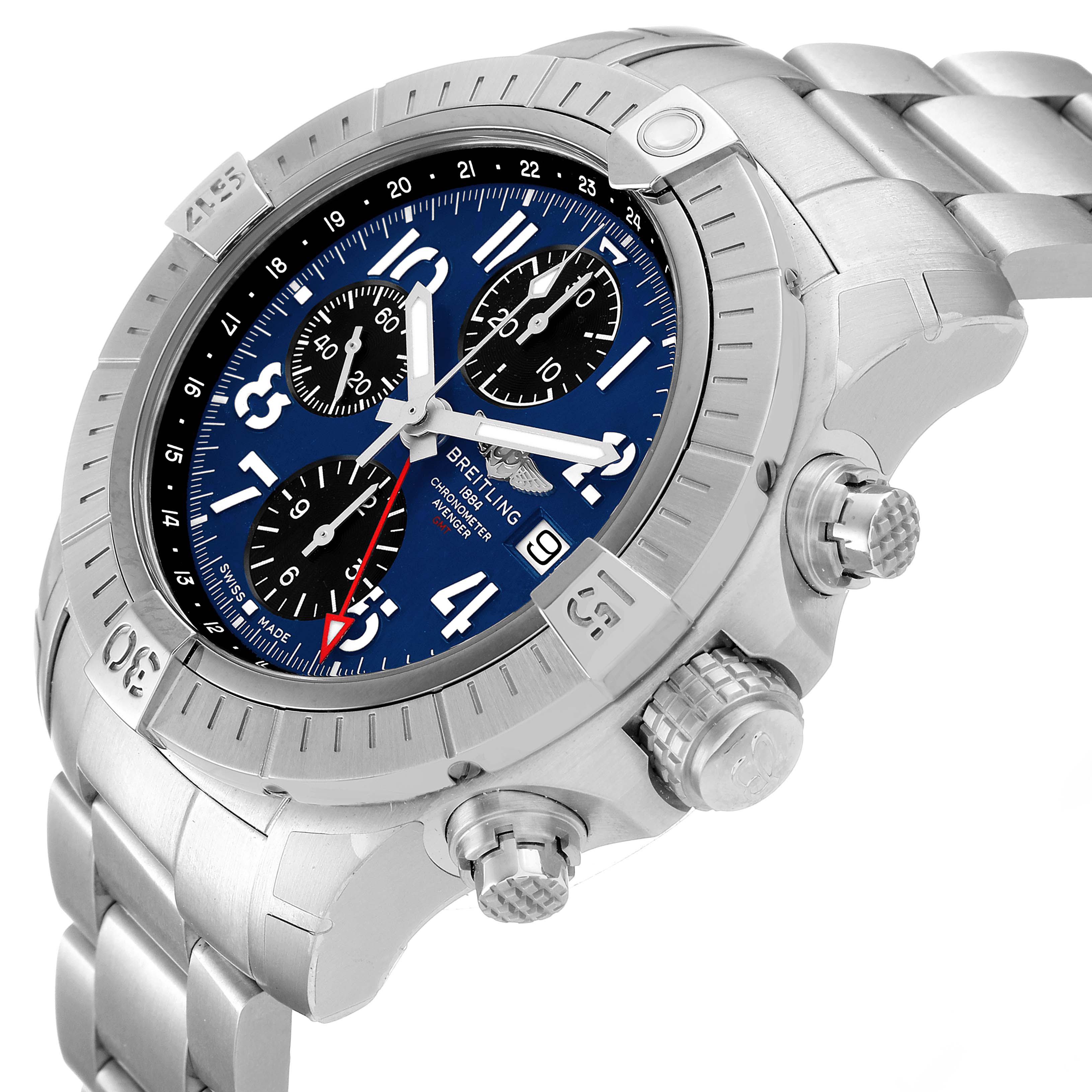 The Breitling Avenger A24315101C1A1 Men's Stainless Steel Blue Dial watch is shown at a tilted angle, displaying the face, bezel, crown, and part of the bracelet.