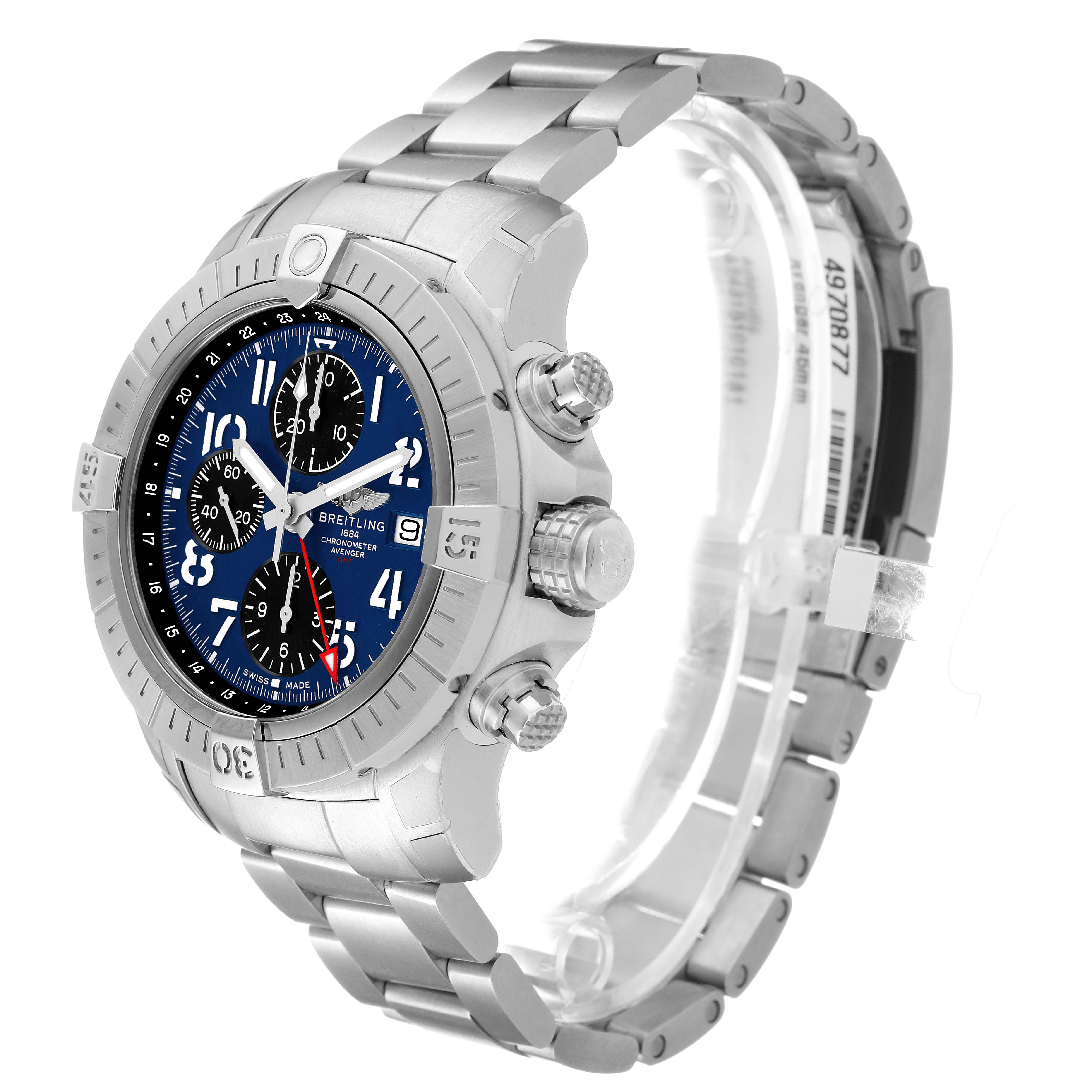 The Breitling Avenger A24315101C1A1 Men's Stainless Steel Blue Dial watch is shown at an oblique angle, displaying its blue dial, bezel, crown, pushers, and metal bracelet.