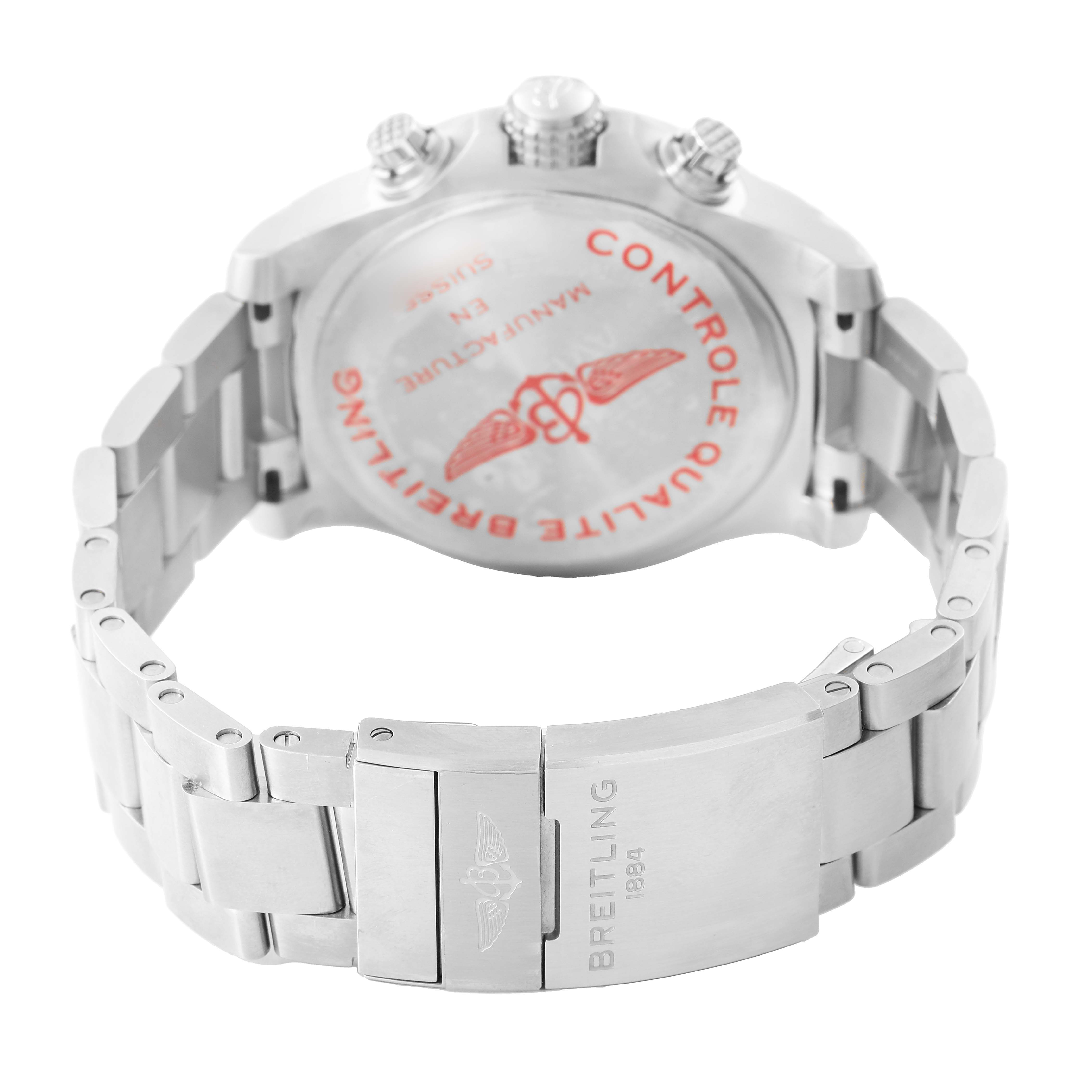 The image shows a Breitling Avenger A24315101C1A1 Men's Stainless Steel Blue Dial watch from a rear angle, highlighting the case back, clasp, and bracelet.