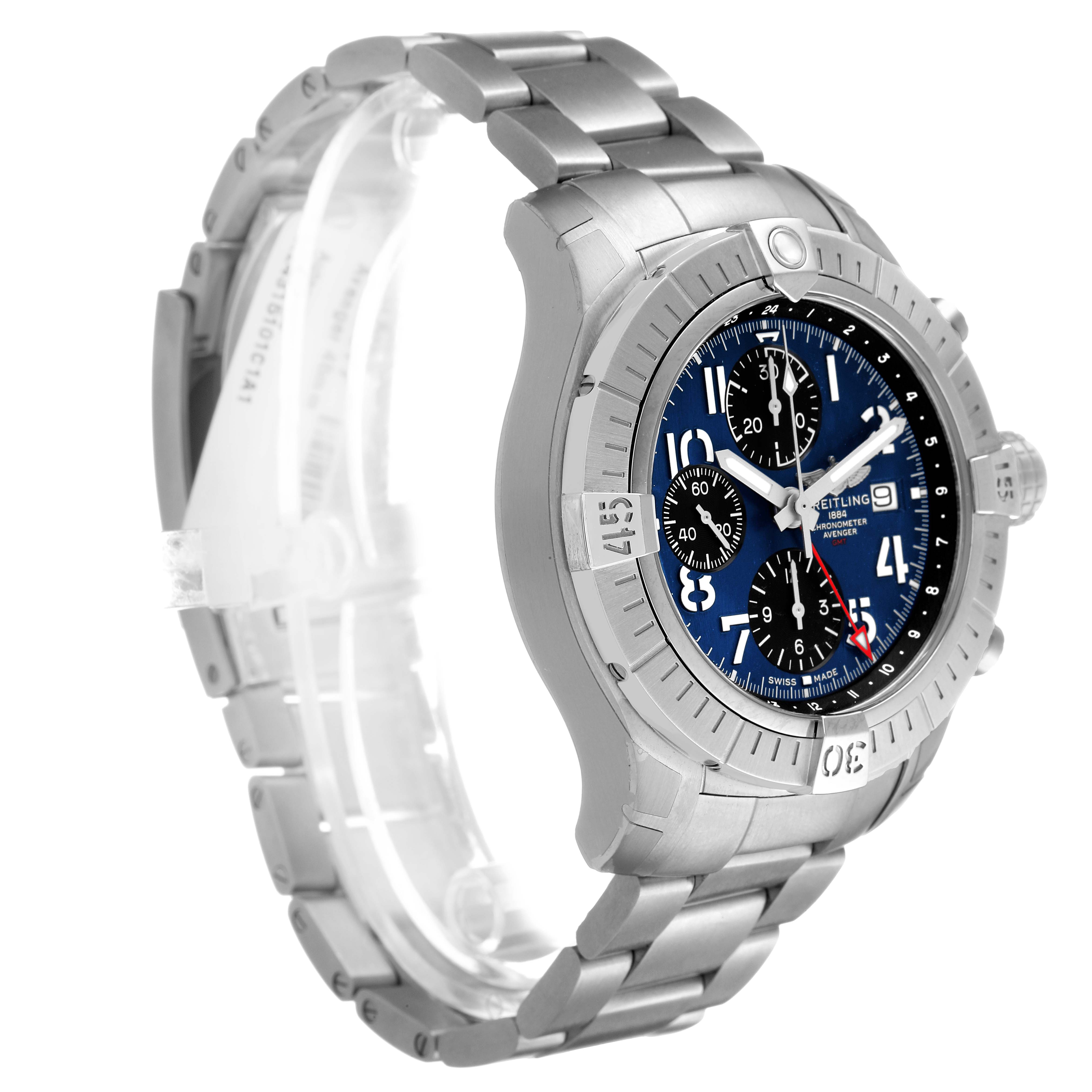 The Breitling Avenger A24315101C1A1 Men's Stainless Steel Blue Dial watch is shown at a three-quarter angle, highlighting its bezel, bracelet, and dial.