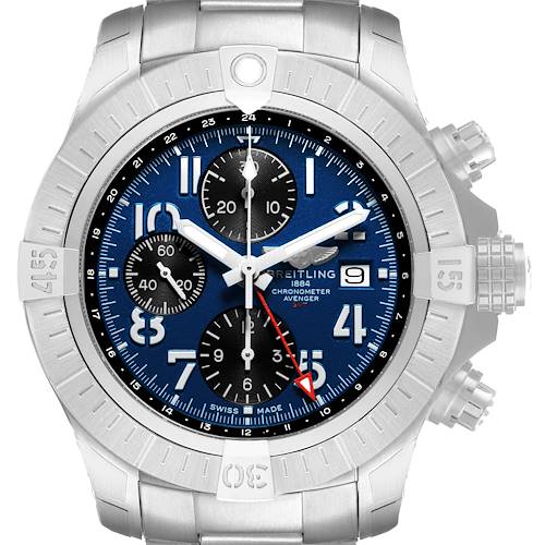 The Breitling Avenger A24315101C1A1 Men's Stainless Steel Blue Dial watch is shown from the front, featuring its blue dial, chronograph subdials, and rotating bezel.