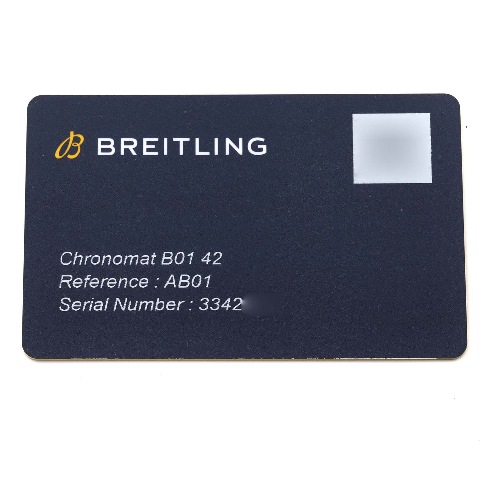 This image shows an identification card for the Breitling Chronomat AB01343A1L1A1 Men
s Stainless Steel Green Dial AB01343A1L1A1 Men
s Stainless Steel Green Dial B01 42 watch, listing its model, reference, and serial number.