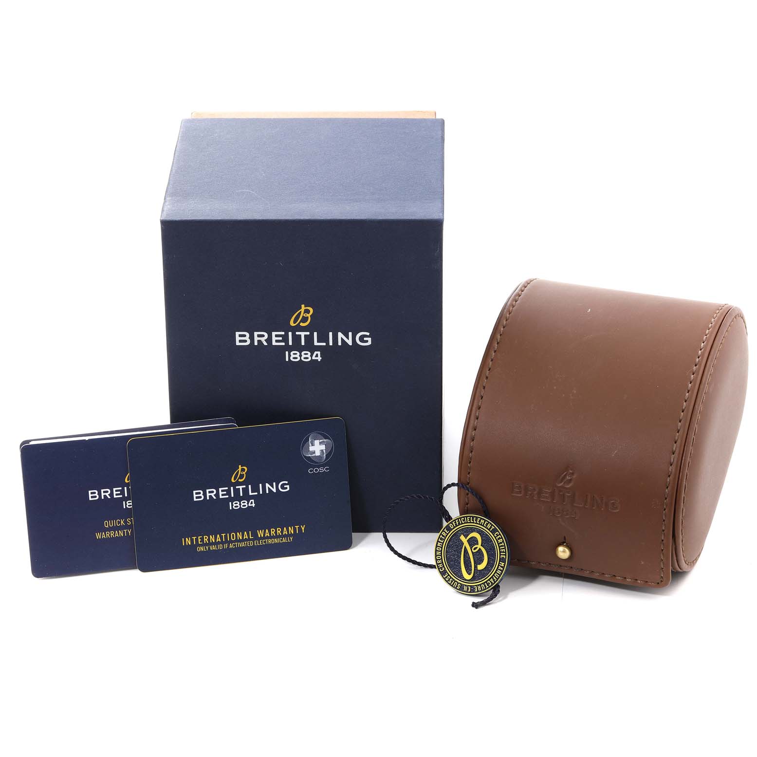 The image shows the packaging and accessories for a Breitling Chronomat AB01343A1L1A1 Men
s Stainless Steel Green Dial AB01343A1L1A1 Men
s Stainless Steel Green Dial, including the box, warranty cards, and a leather case.
