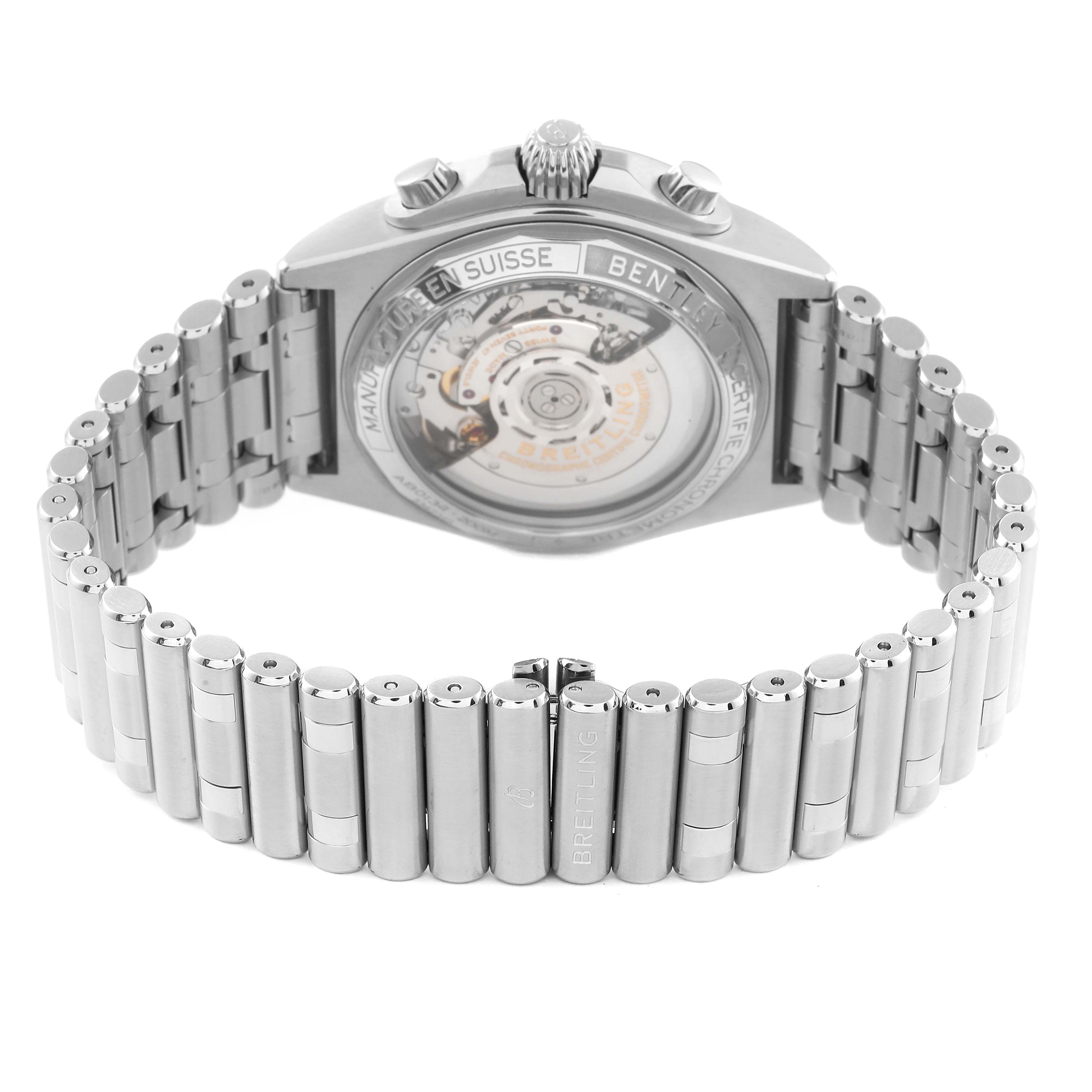 The image shows the back view of a Breitling Chronomat AB01343A1L1A1 Men
s Stainless Steel Green Dial AB01343A1L1A1 Men
s Stainless Steel Green Dial watch, highlighting its stainless steel bracelet and transparent case back.