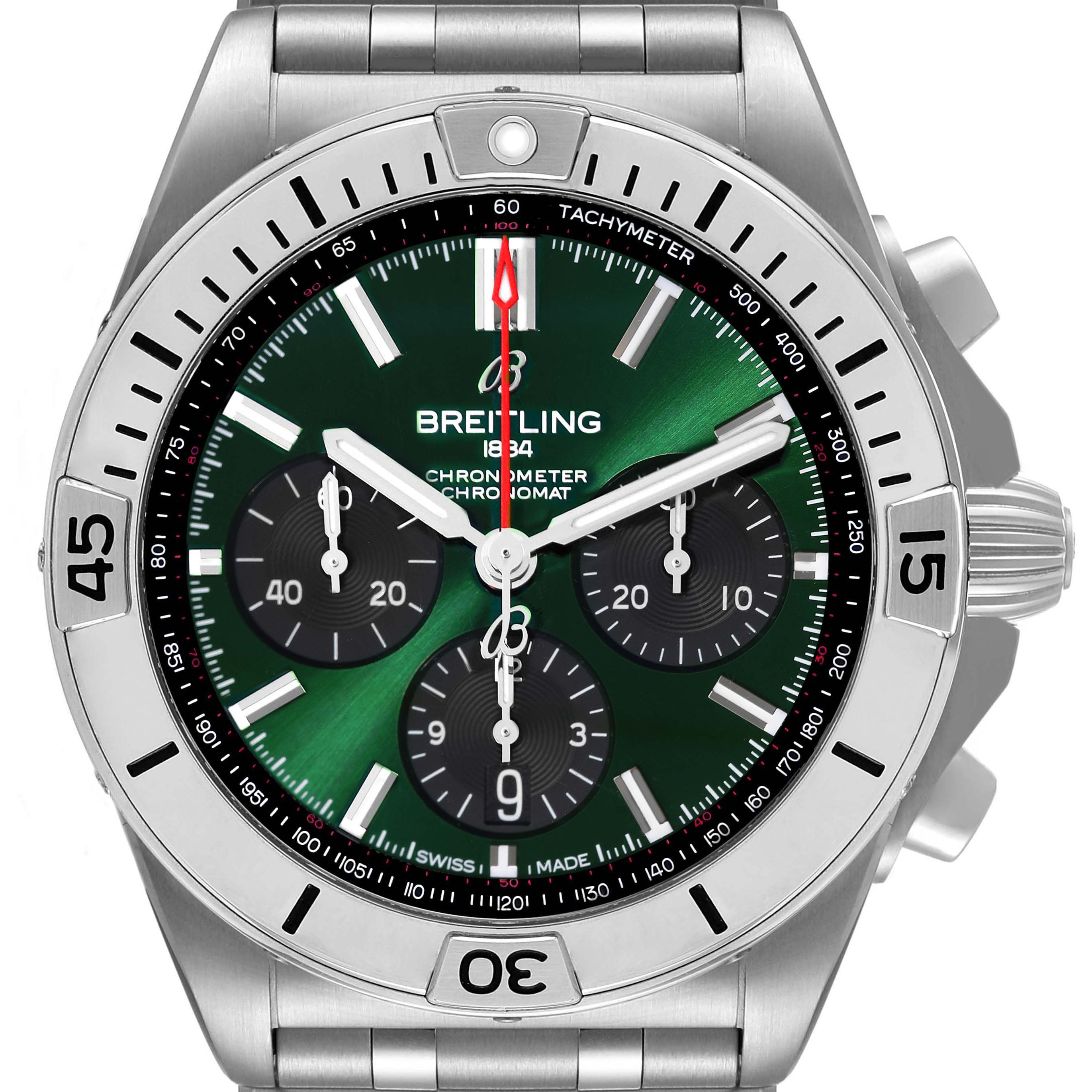 The image shows a front angle of a Breitling Chronomat AB01343A1L1A1 Men
s Stainless Steel Green Dial AB01343A1L1A1 Men
s Stainless Steel Green Dial model watch, highlighting the dial, sub-dials, bezel, and part of the bracelet.