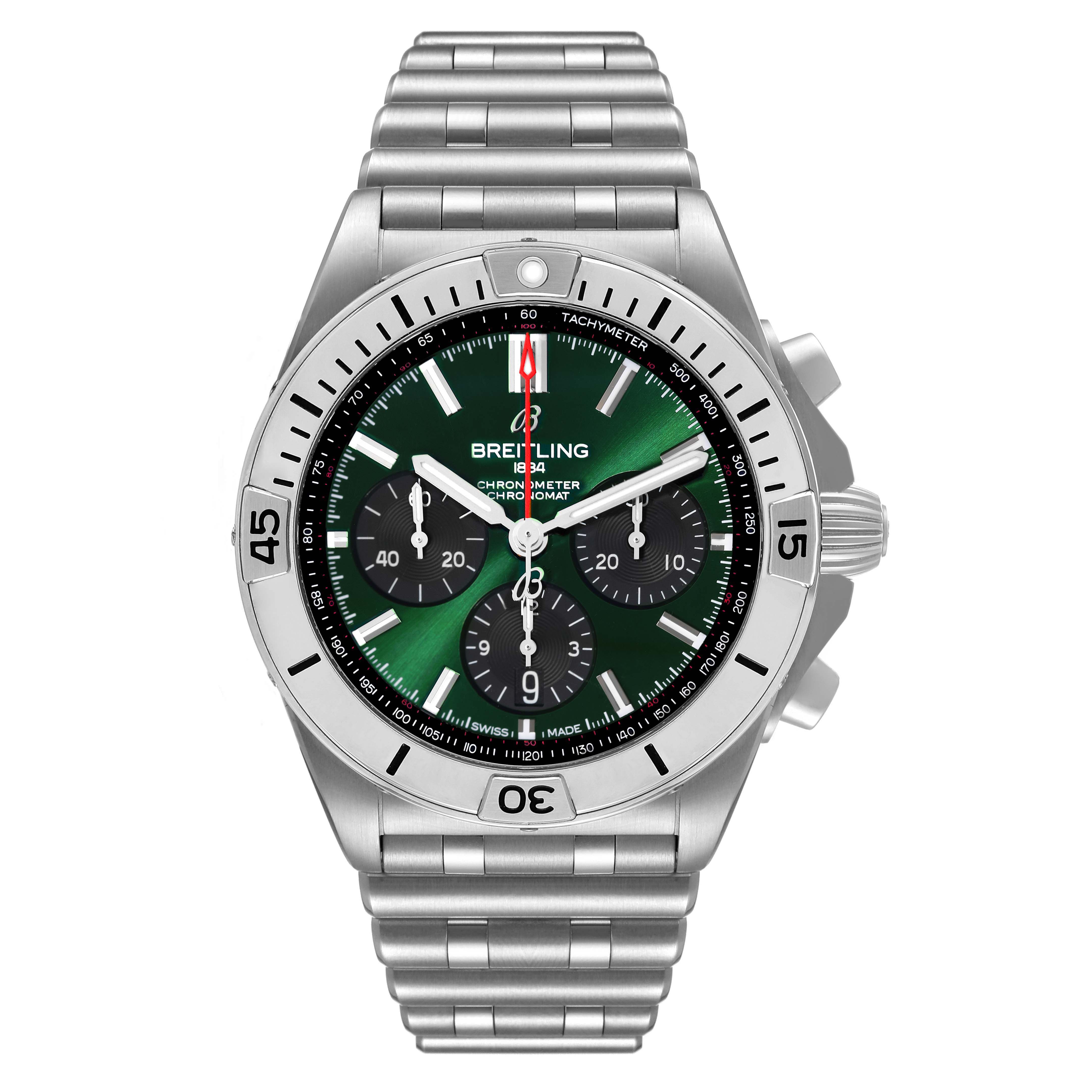 The image displays a front view of the Breitling Chronomat AB01343A1L1A1 Men
s Stainless Steel Green Dial AB01343A1L1A1 Men
s Stainless Steel Green Dial watch, highlighting the face, bezel, and stainless steel bracelet.