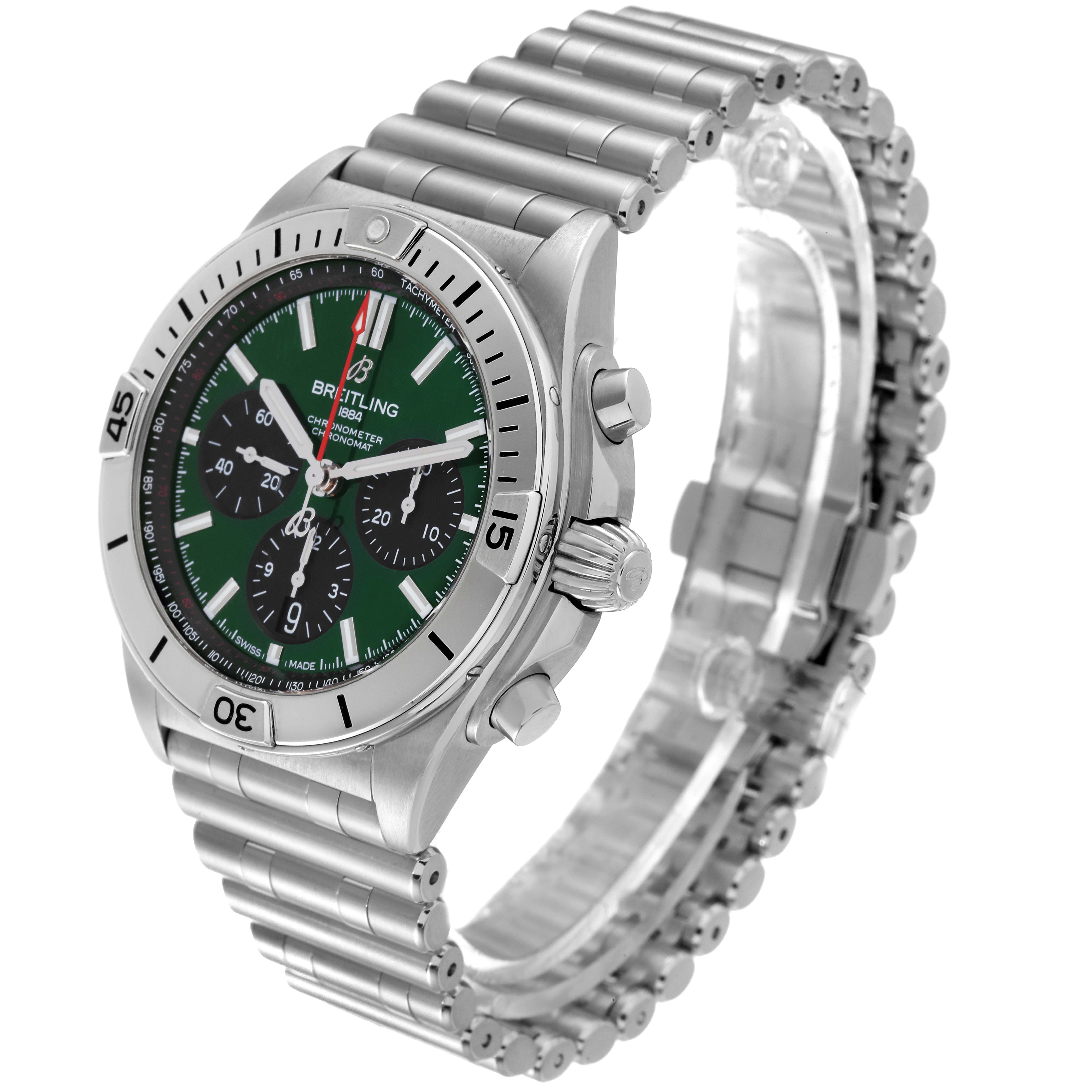 The Breitling Chronomat AB01343A1L1A1 Men
s Stainless Steel Green Dial AB01343A1L1A1 Men
s Stainless Steel Green Dial watch is shown from an angled side view, highlighting its green dial, bezel, chronograph buttons, and metallic bracelet.