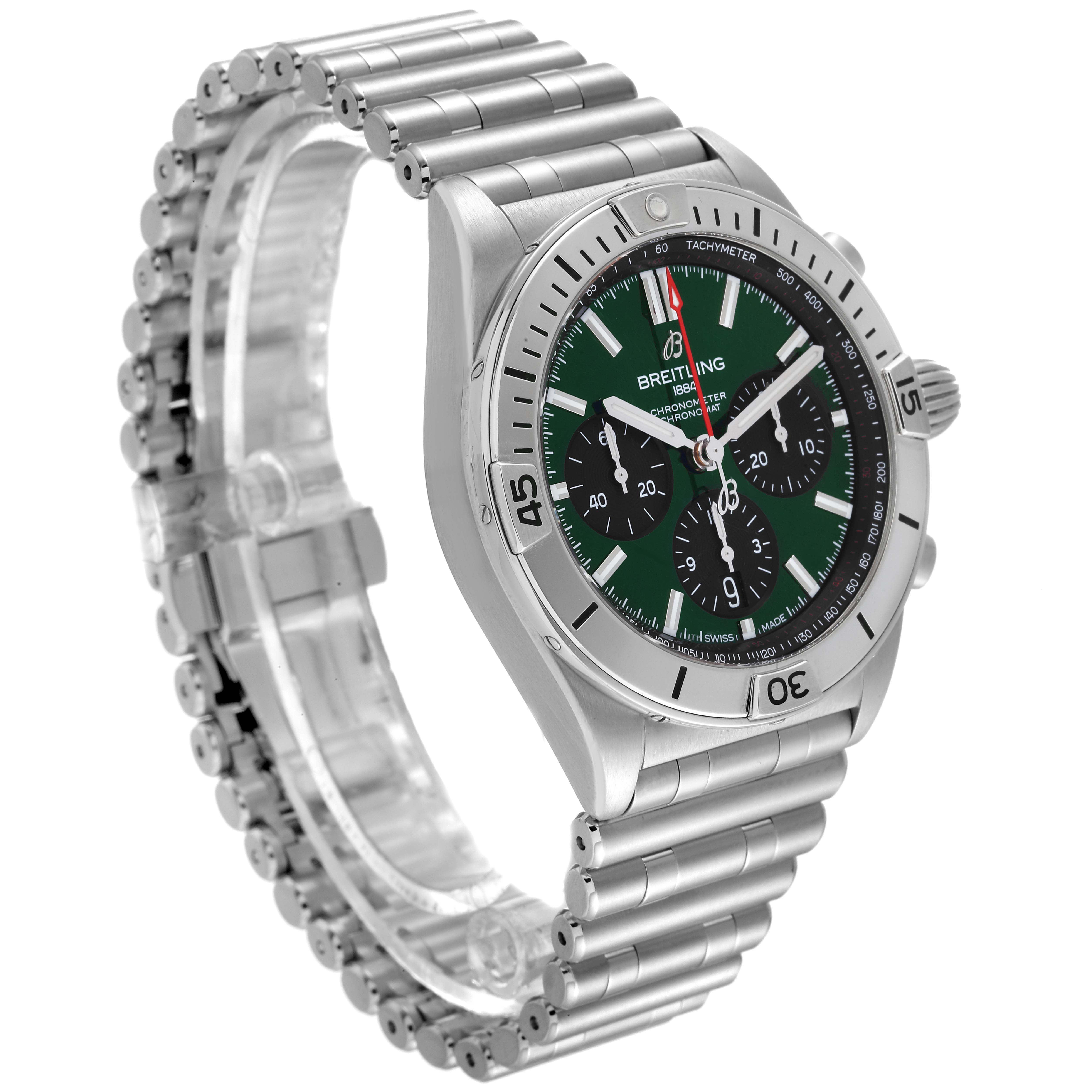 The Breitling Chronomat AB01343A1L1A1 Men
s Stainless Steel Green Dial AB01343A1L1A1 Men
s Stainless Steel Green Dial watch is shown at a three-quarter angle, highlighting its stainless steel bracelet, bezel, and green dial.