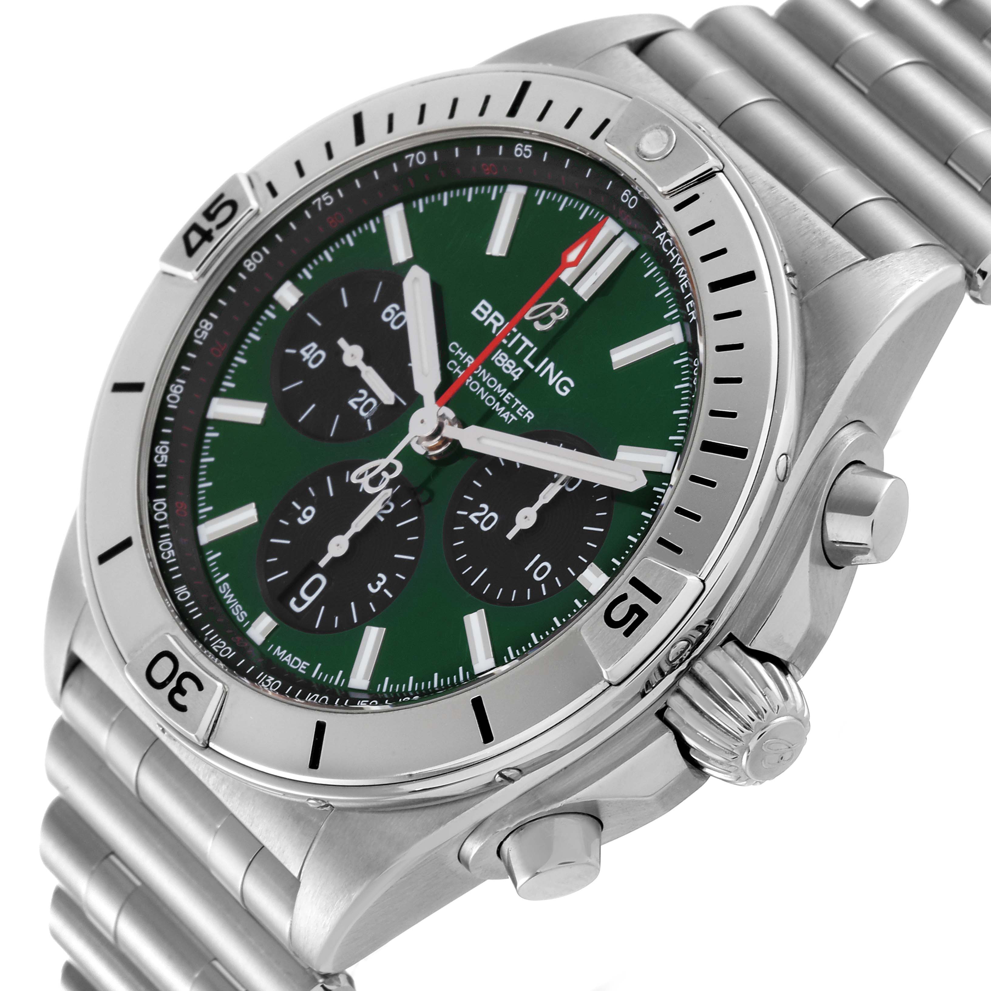 The image shows a close-up, side-angle view of a Breitling Chronomat AB01343A1L1A1 Men
s Stainless Steel Green Dial AB01343A1L1A1 Men
s Stainless Steel Green Dial watch, highlighting its green dial, chronograph subdials, and stainless steel bracelet.