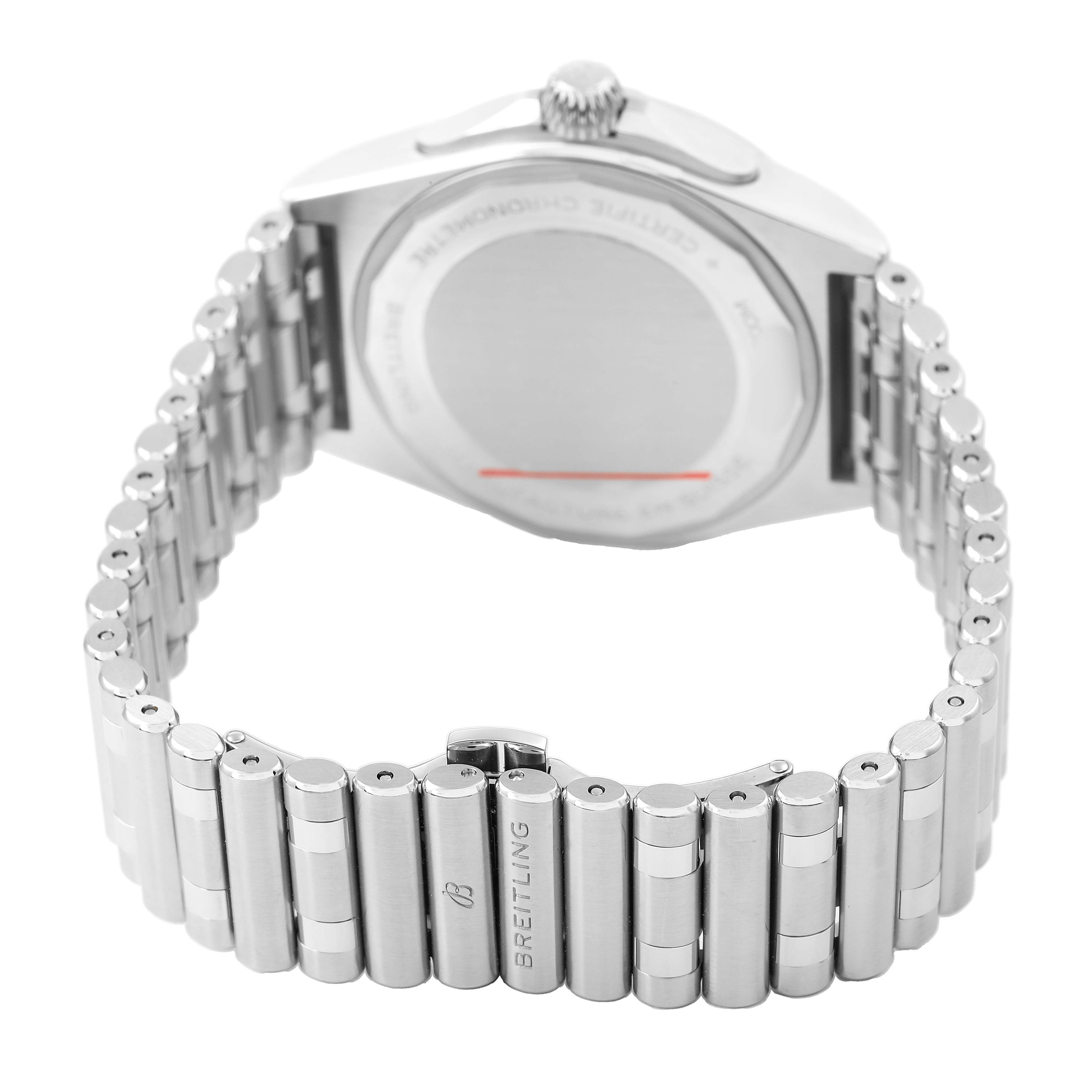 The image shows the back case and bracelet of the Breitling Chronomat A32398 Men's Stainless Steel White Dial watch at an angled rear view.