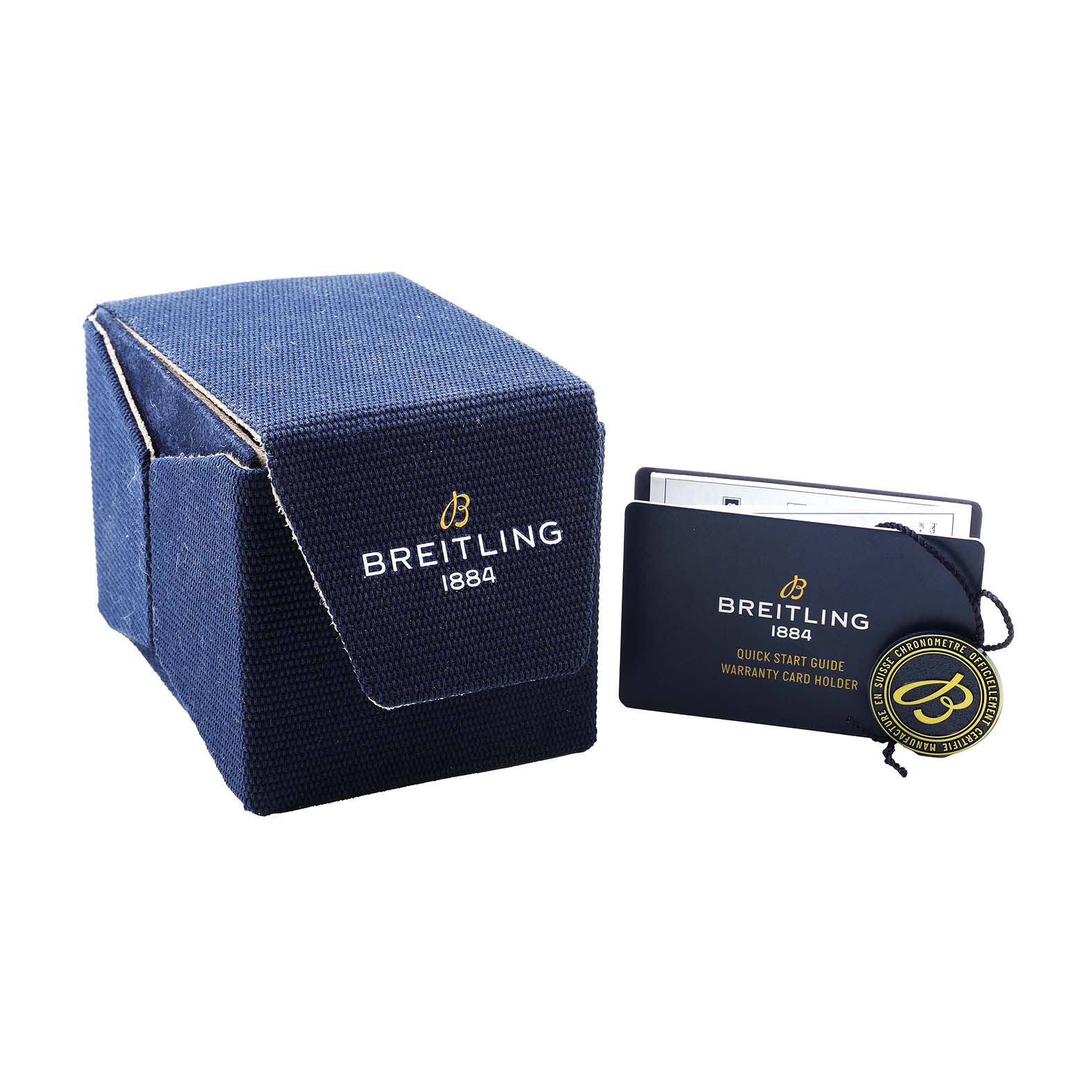 The image shows a Breitling Chronomat A32398 Men's Stainless Steel White Dial packaging box and a warranty card holder with documents, viewed from the front.