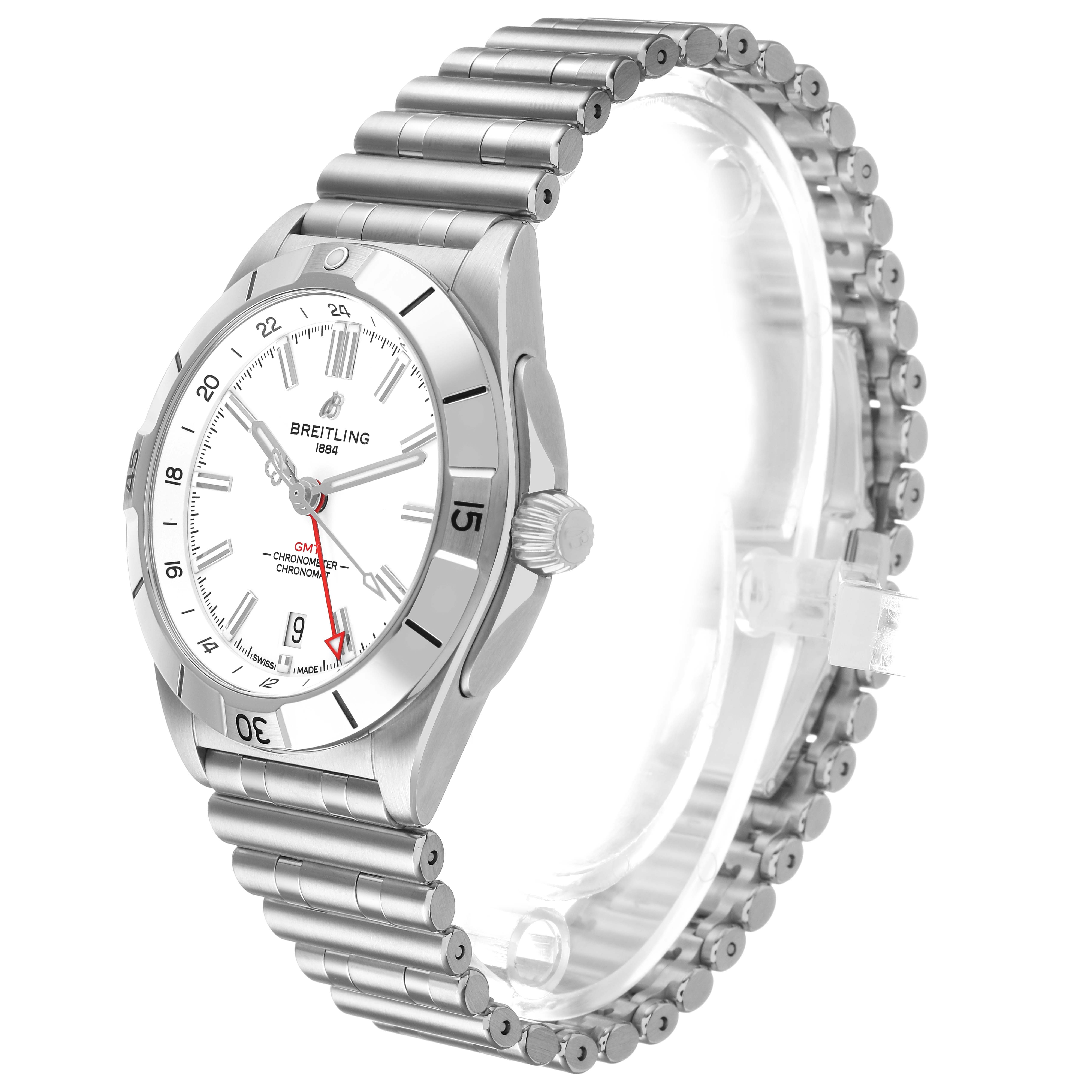 The Breitling Chronomat A32398 Men's Stainless Steel White Dial watch is shown at a three-quarter angle, displaying the face, case, bezel, crown, and bracelet.