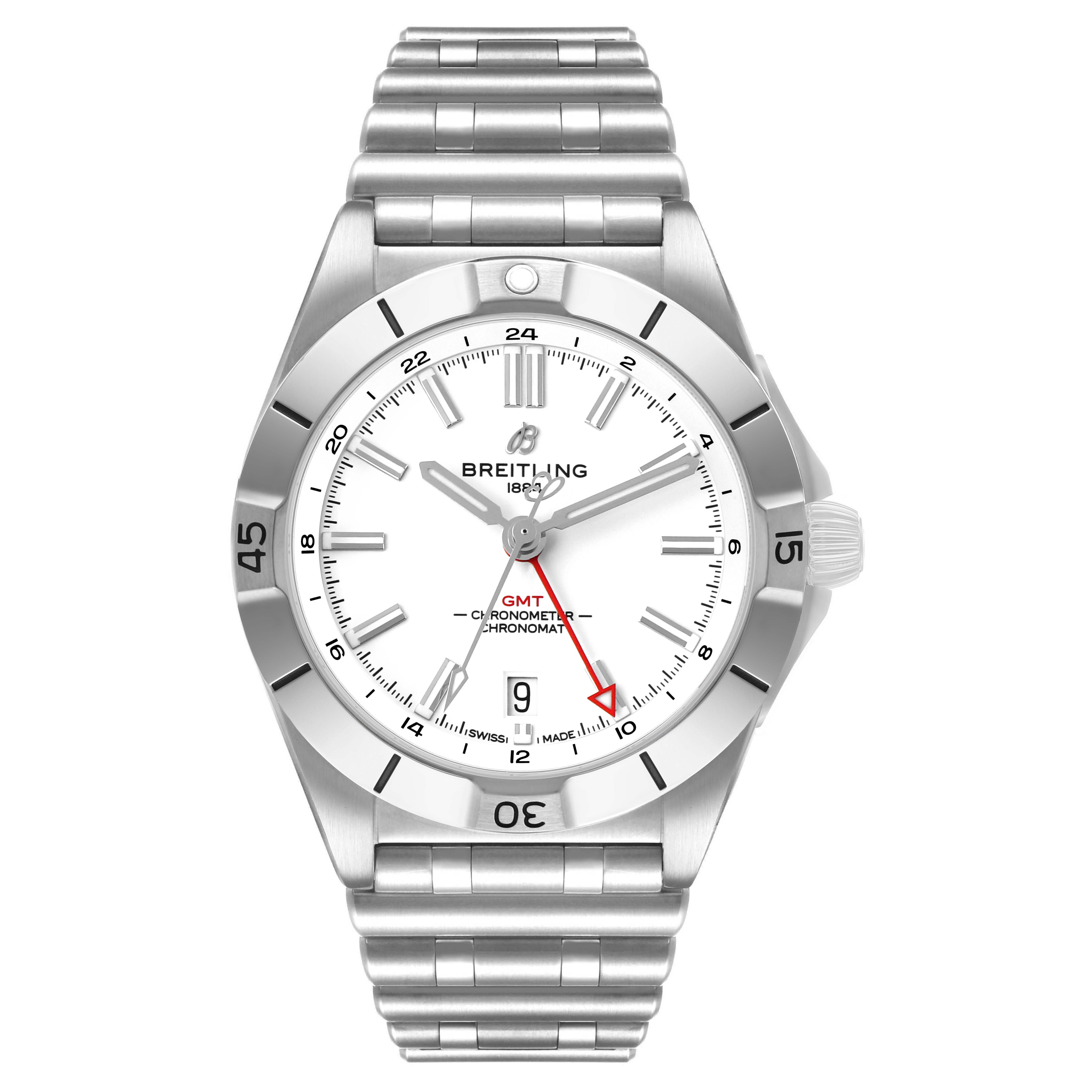 The Breitling Chronomat A32398 Men's Stainless Steel White Dial watch is shown from a top-down angle, displaying the face, bezel, and metal bracelet.