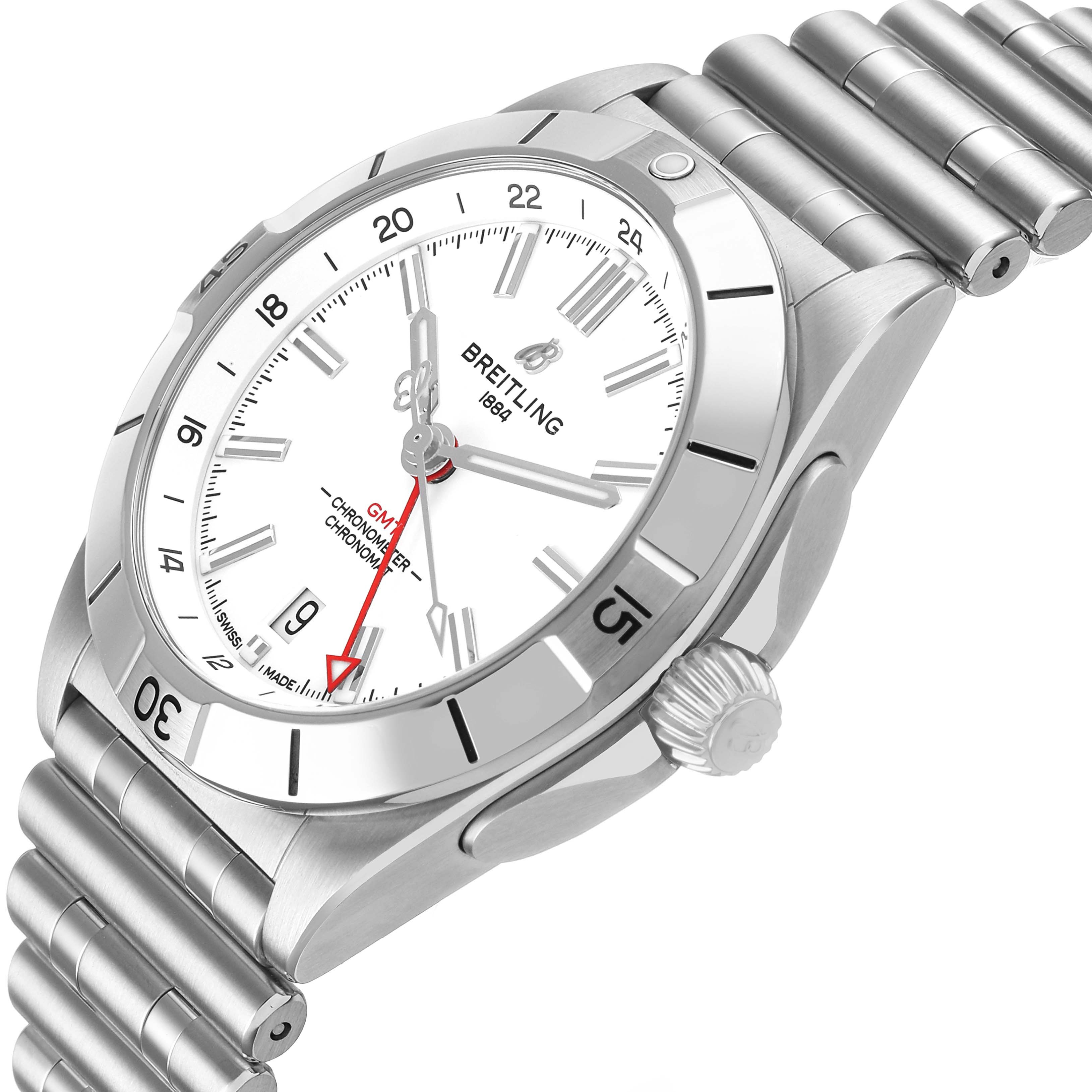 The Breitling Chronomat A32398 Men's Stainless Steel White Dial watch is shown at a three-quarter angle, highlighting the dial, bezel, crown, and part of the bracelet.
