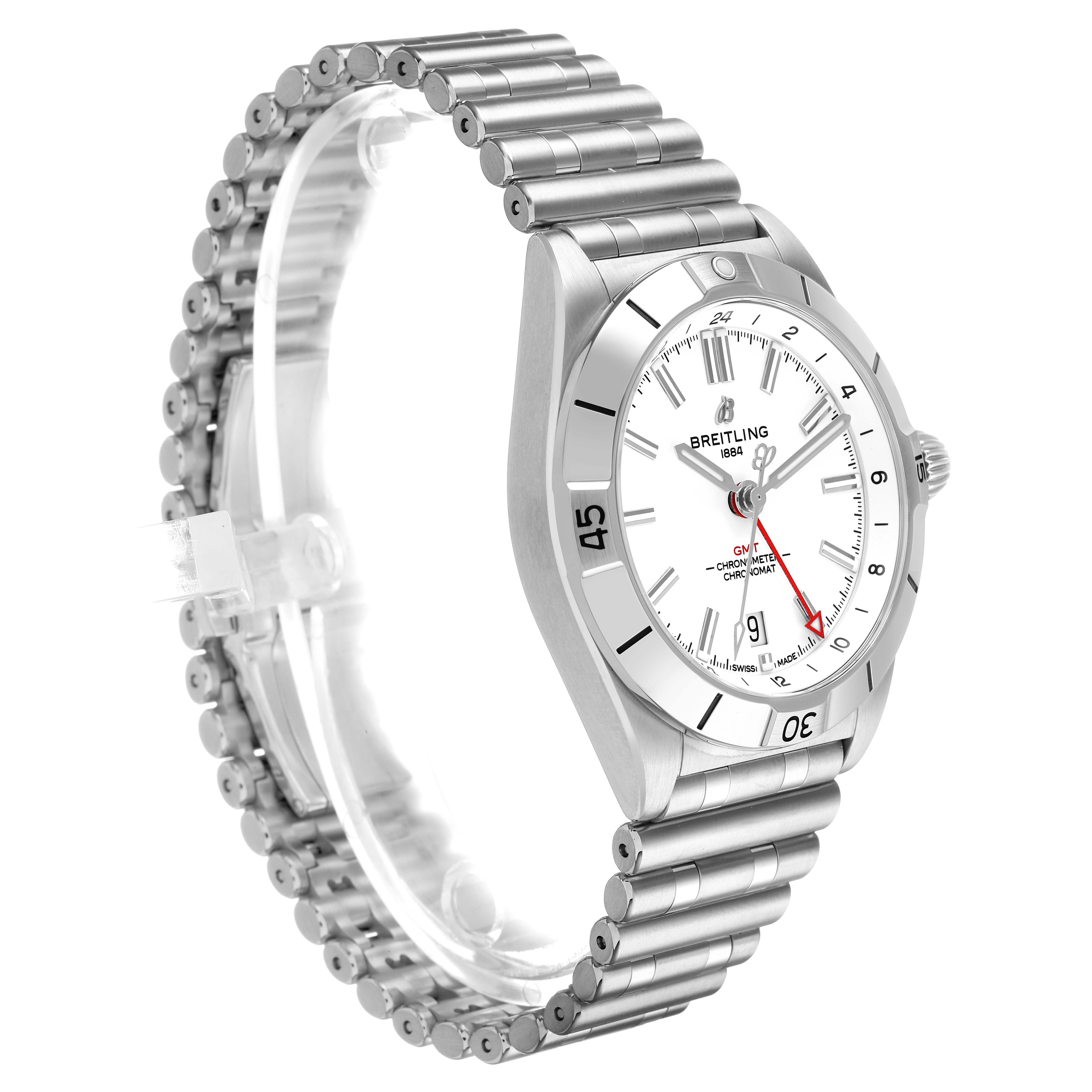 The Breitling Chronomat A32398 Men's Stainless Steel White Dial watch is shown at a three-quarter angle displaying the face, bezel, and linked bracelet.