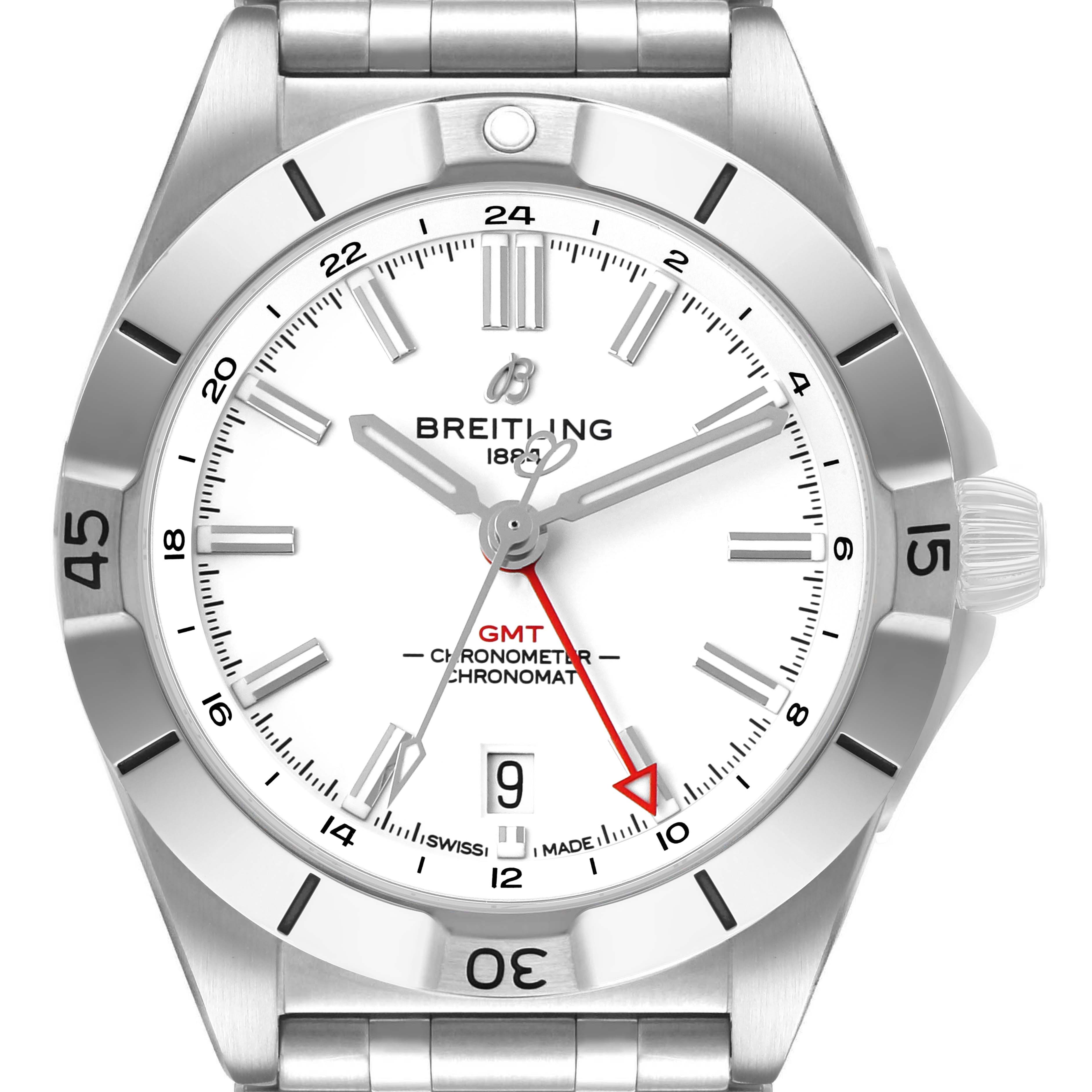 The Breitling Chronomat A32398 Men's Stainless Steel White Dial watch is shown from a top-down angle, displaying the dial, hands, bezel, and part of the bracelet.