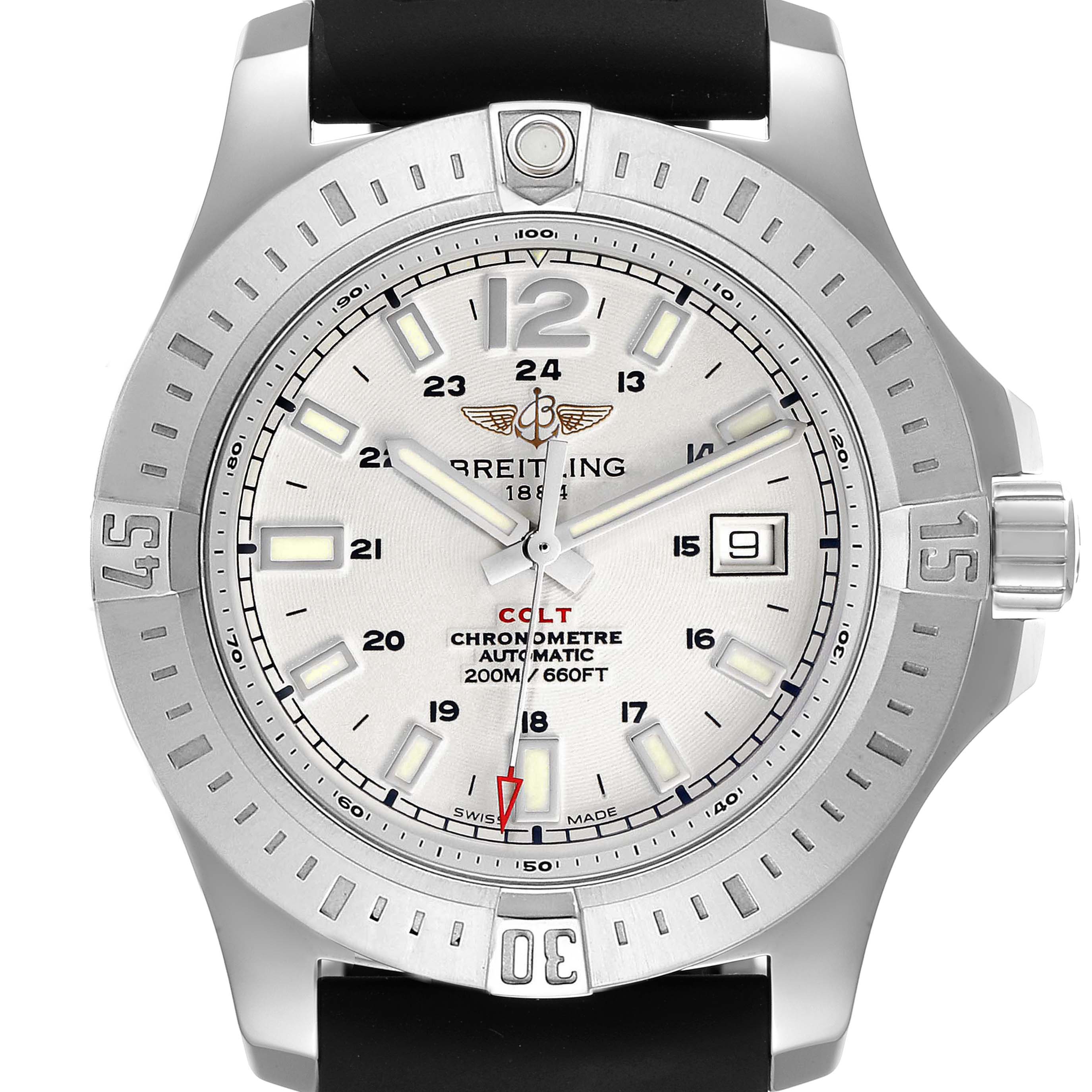 The image shows a frontal view of the Breitling Colt A1738811/G791 Men
s Stainless Steel White Dial A1738811/G791 Men
s Stainless Steel White Dial watch, displaying the dial, bezel, hands, and crown.
