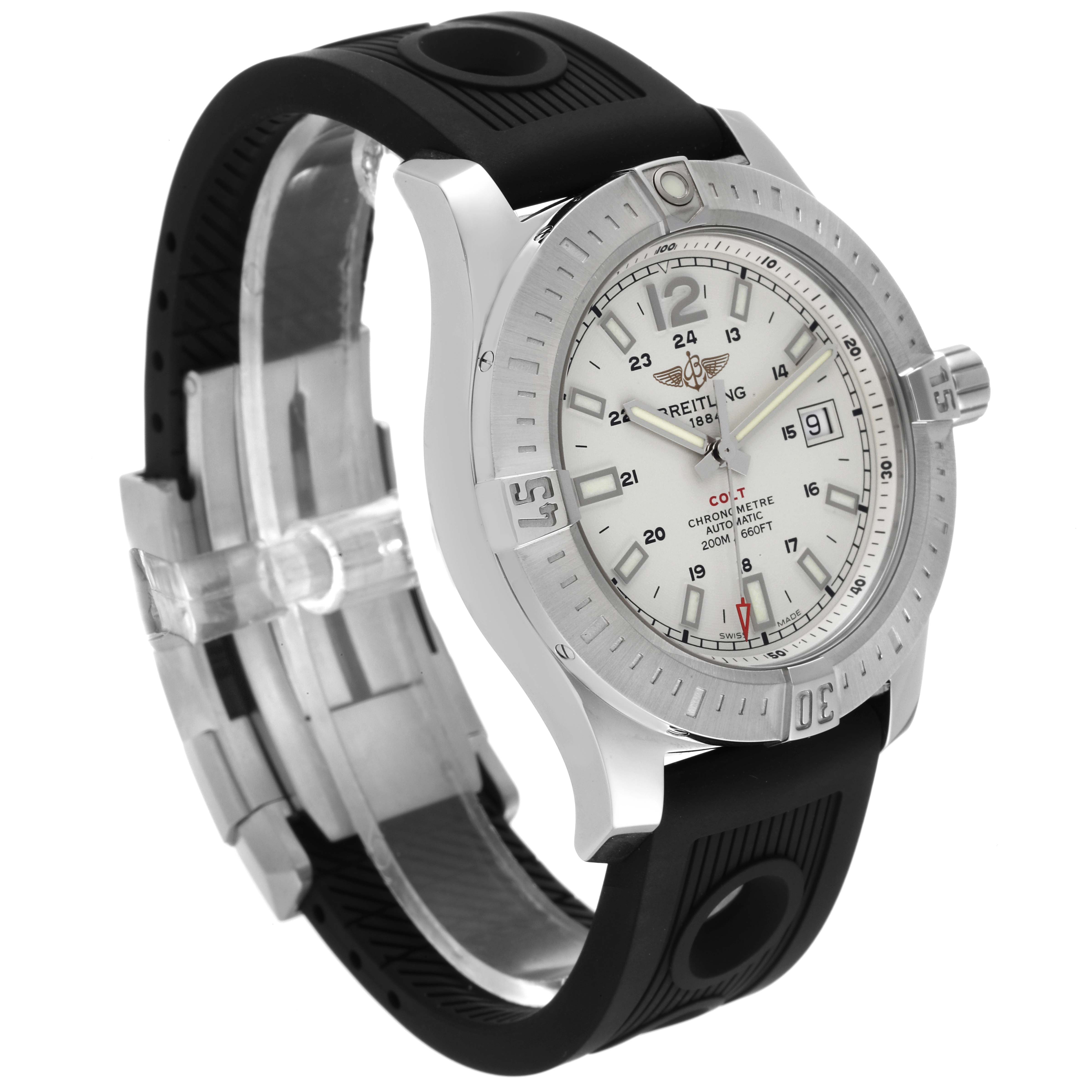 The Breitling Colt A1738811/G791 Men
s Stainless Steel White Dial A1738811/G791 Men
s Stainless Steel White Dial watch is shown at an angled view, highlighting its bezel, crown, dial, and black strap.
