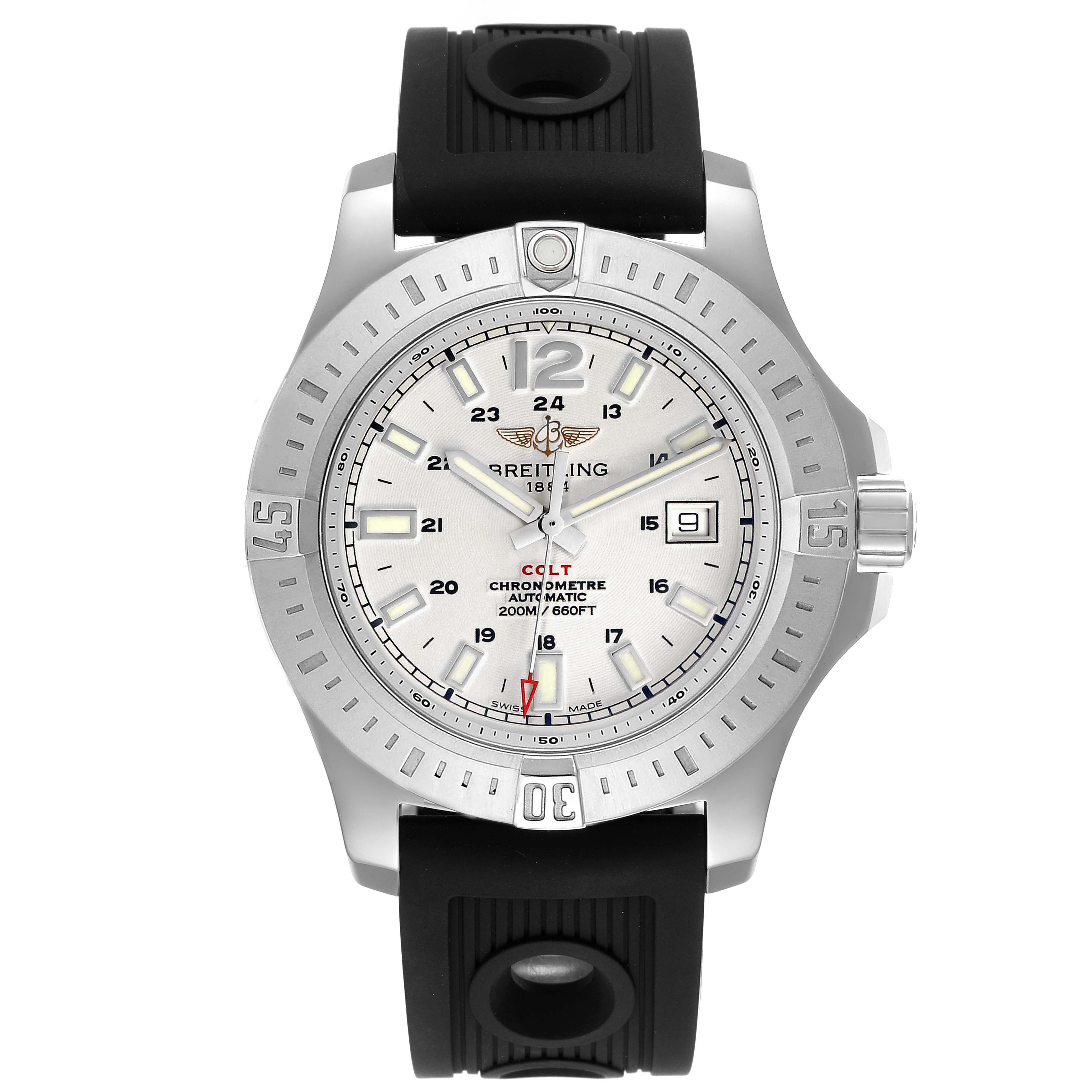 The image shows a front view of the Breitling Colt A1738811/G791 Men
s Stainless Steel White Dial A1738811/G791 Men
s Stainless Steel White Dial watch, displaying the dial, bezel, crown, and black rubber strap.