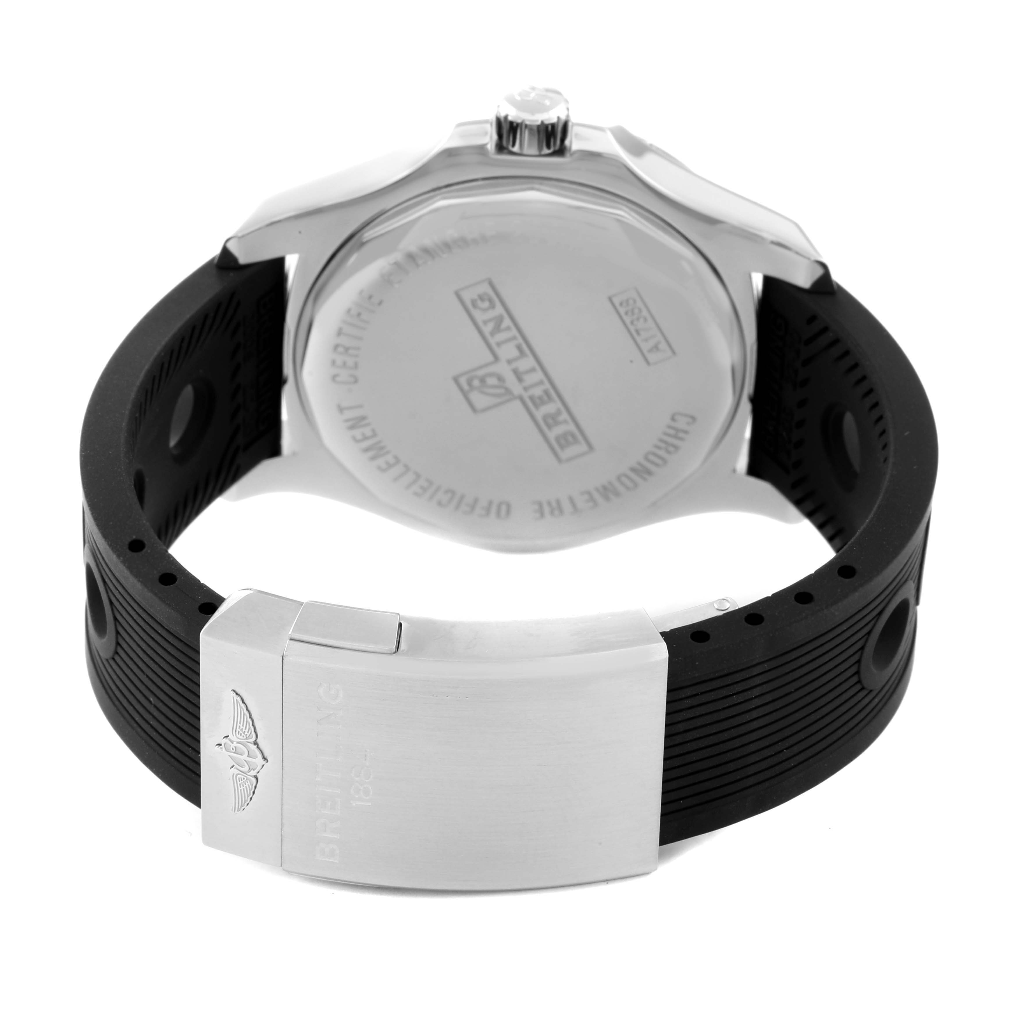 The image shows the back of a Breitling Colt A1738811/G791 Men
s Stainless Steel White Dial A1738811/G791 Men
s Stainless Steel White Dial watch and its black rubber strap, featuring the clasp.