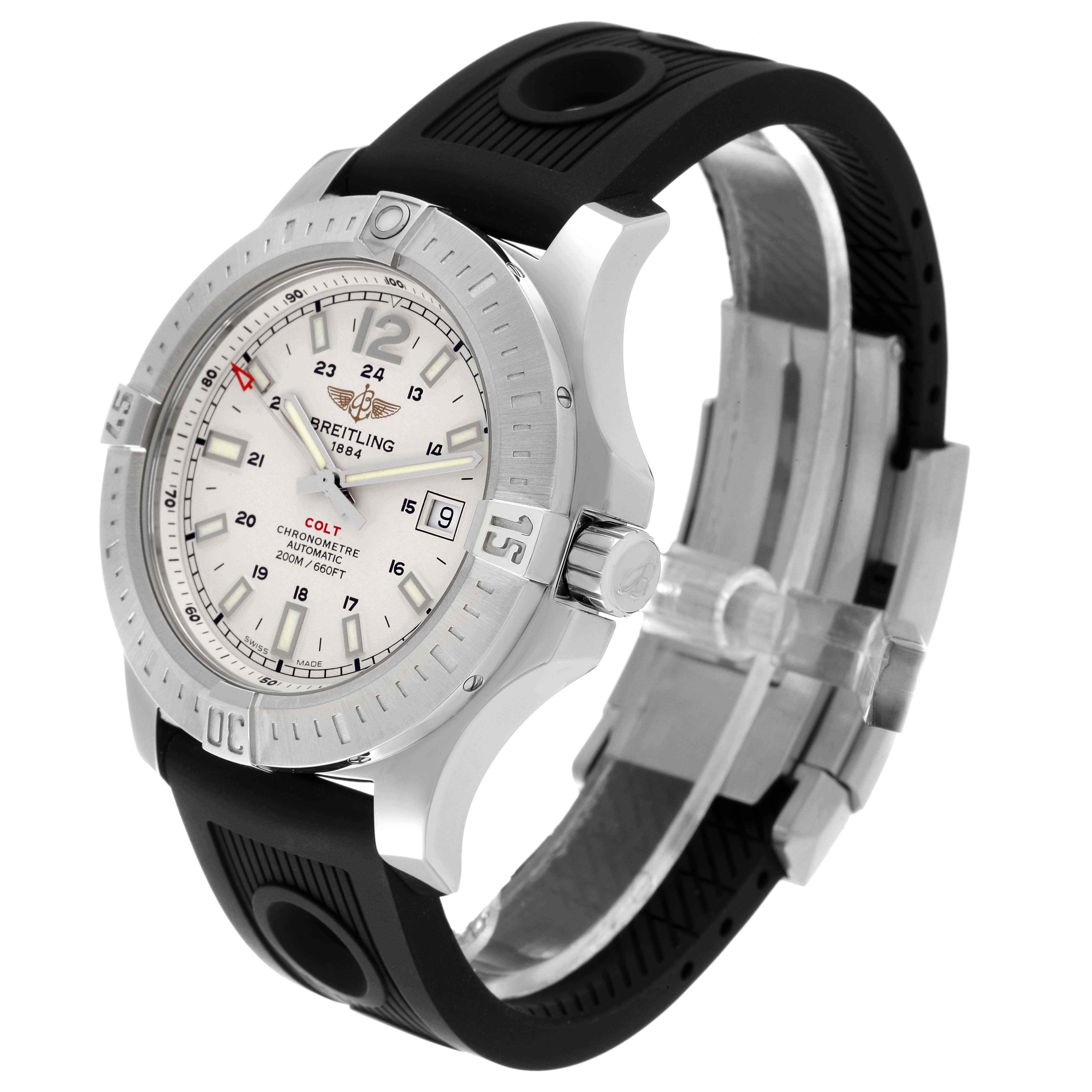 This image shows a Breitling Colt A1738811/G791 Men
s Stainless Steel White Dial A1738811/G791 Men
s Stainless Steel White Dial watch at a three-quarter angle, highlighting the face, bezel, and rubber strap.
