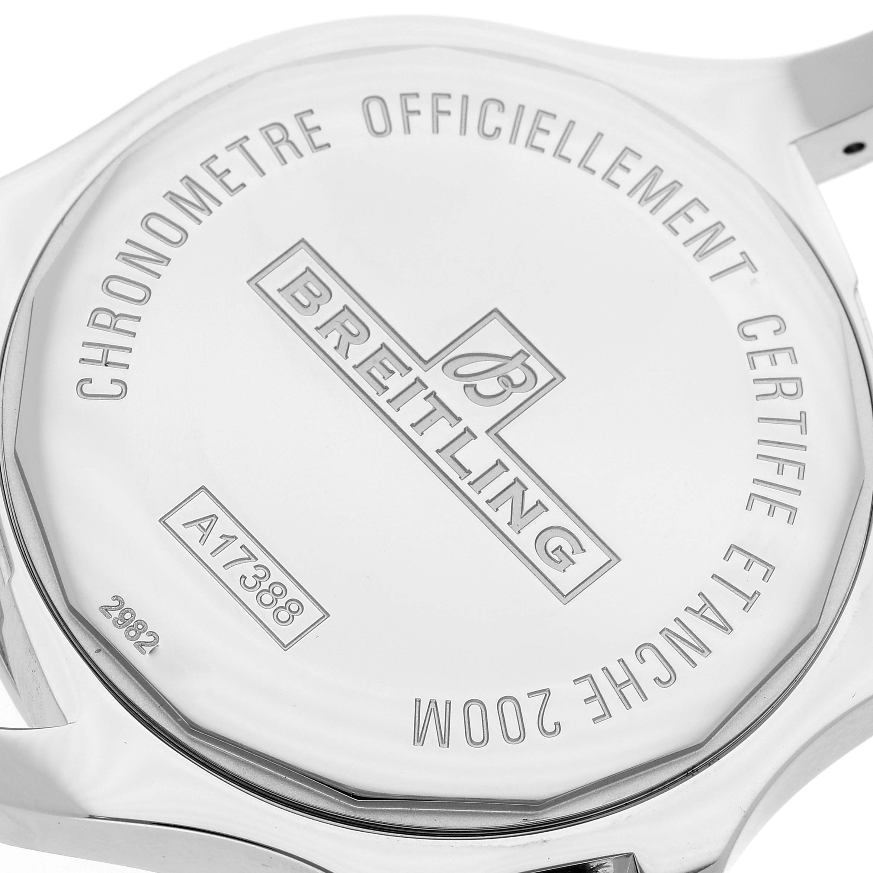 The image shows the back case of a Breitling Colt A1738811/G791 Men
s Stainless Steel White Dial A1738811/G791 Men
s Stainless Steel White Dial watch featuring engraved details about certification and water resistance.