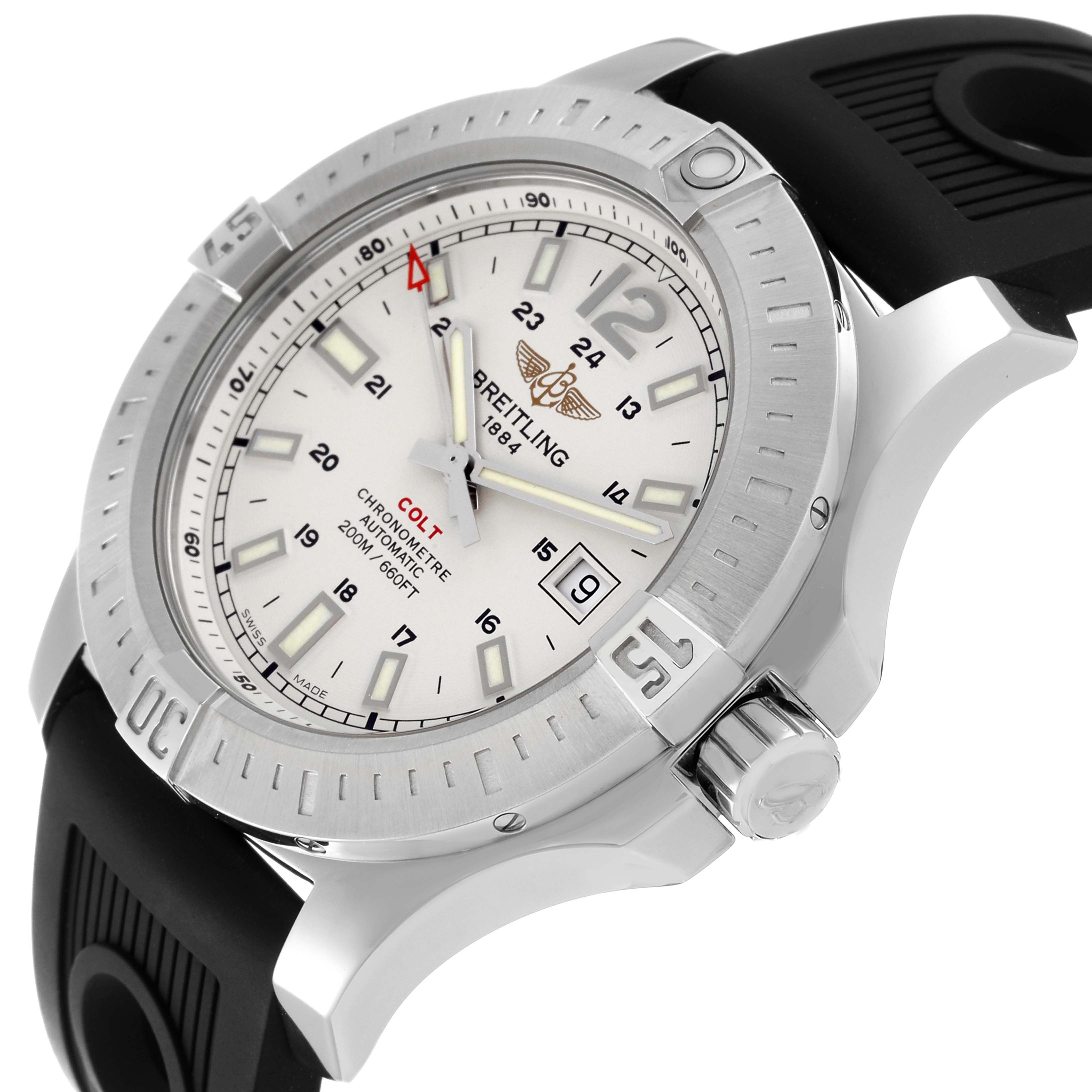 The image shows a close-up three-quarter view of the Breitling Colt A1738811/G791 Men
s Stainless Steel White Dial A1738811/G791 Men
s Stainless Steel White Dial watch, highlighting the dial, bezel, and crown.