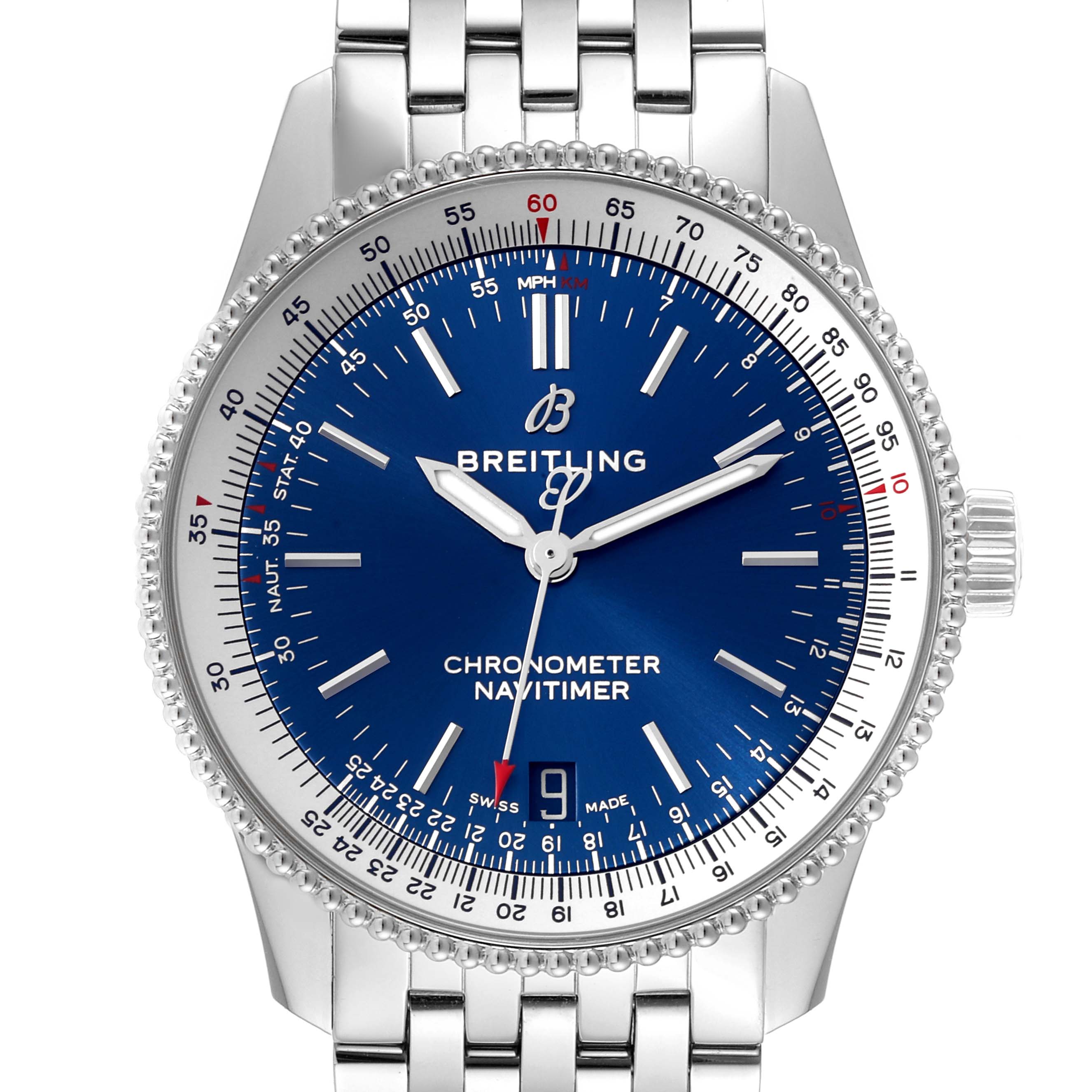 This image shows a front view of the Breitling Navitimer A17325211C1A1 Men's Stainless Steel Blue Dial A17325211C1A1 Men's Stainless Steel Blue Dial watch, including the bezel, dial, hands, bracelet, and crown.