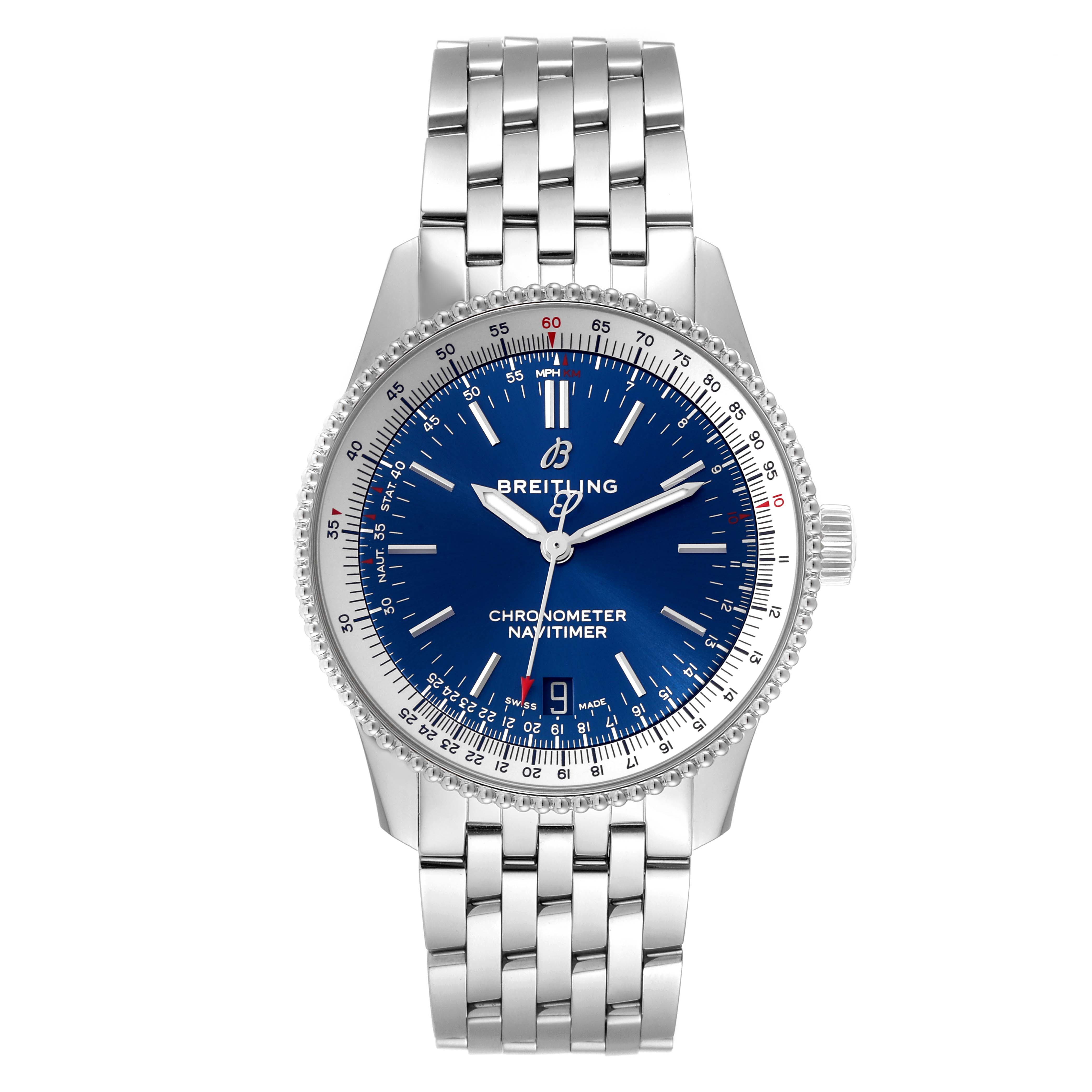 The image shows a front view of a Breitling Navitimer A17325211C1A1 Men's Stainless Steel Blue Dial A17325211C1A1 Men's Stainless Steel Blue Dial watch with a blue dial and a silver metal bracelet.