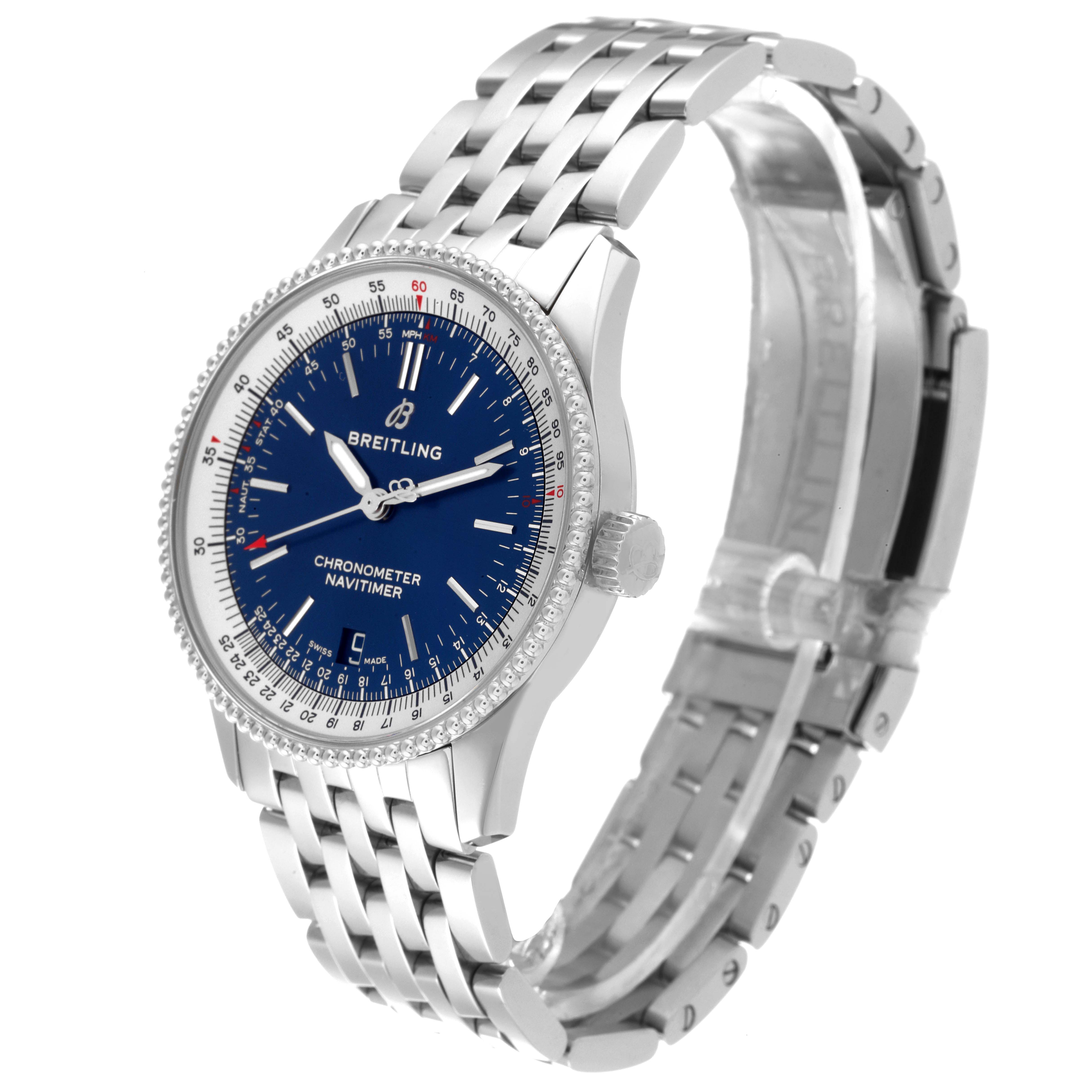 The image displays a side-angle view of a Breitling Navitimer A17325211C1A1 Men's Stainless Steel Blue Dial A17325211C1A1 Men's Stainless Steel Blue Dial watch, showing its blue face, bezel, case, and metal bracelet.