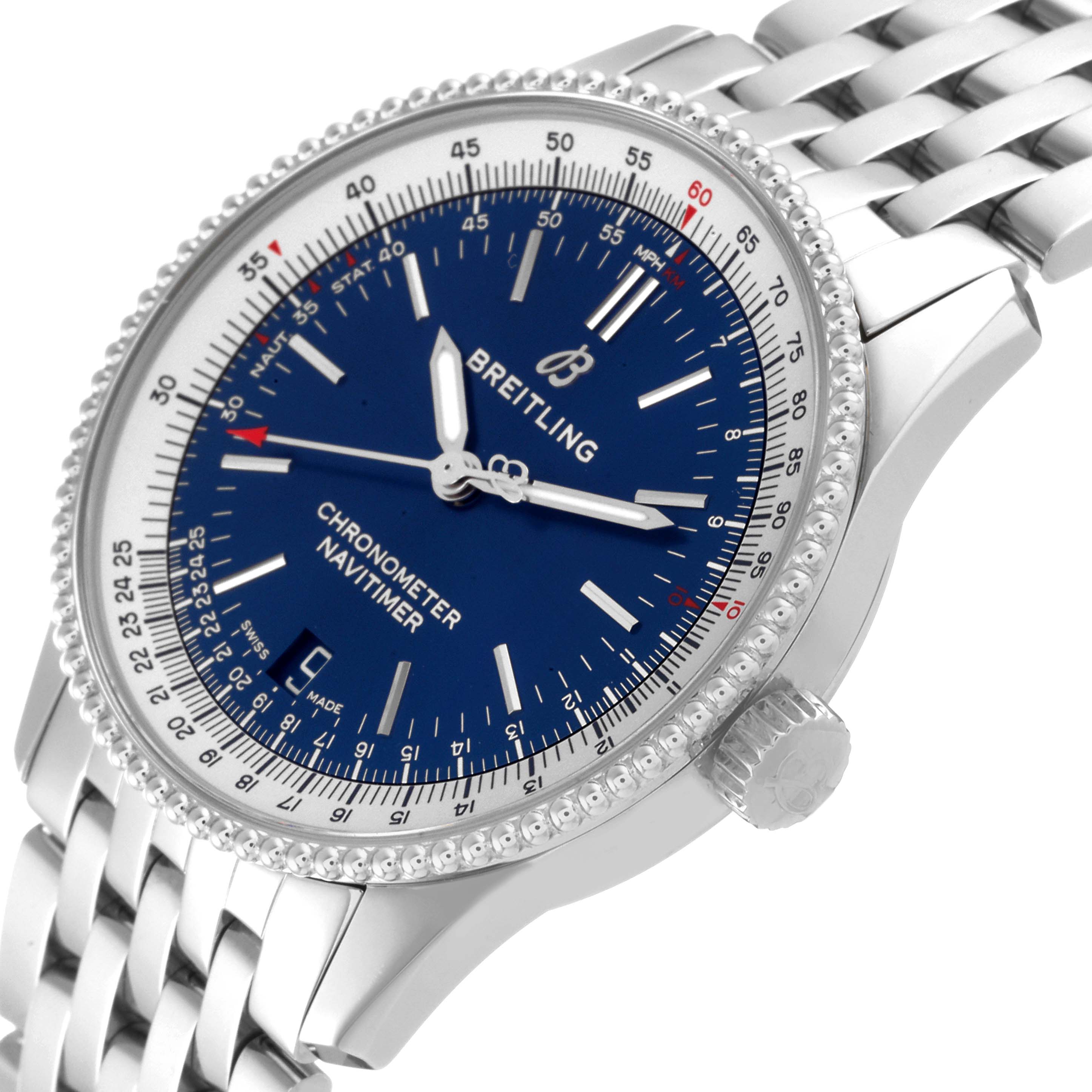 The image shows a tilted view of the Breitling Navitimer A17325211C1A1 Men's Stainless Steel Blue Dial A17325211C1A1 Men's Stainless Steel Blue Dial watch, highlighting its blue dial, bezel, crown, and metal band.