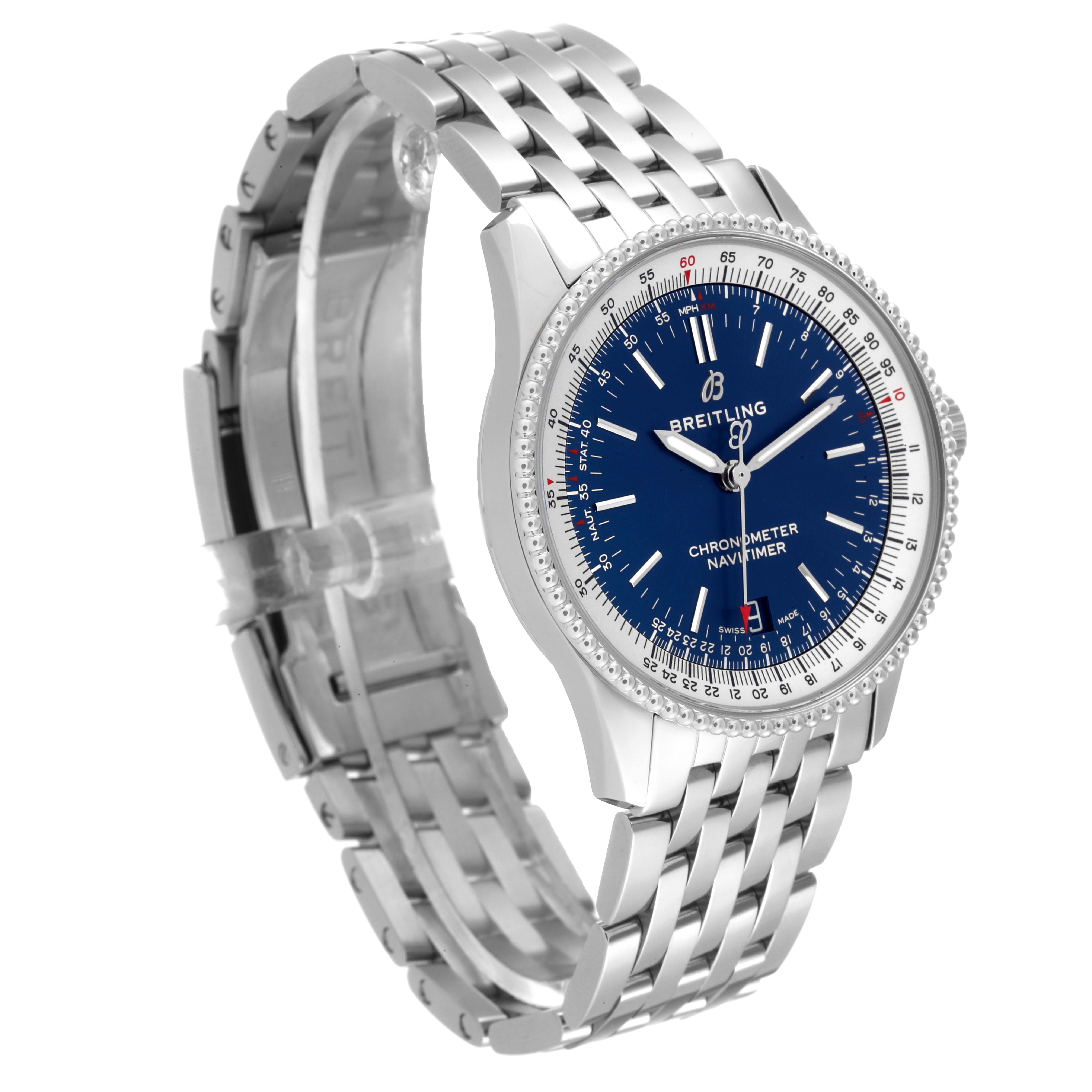 This image shows a Breitling Navitimer A17325211C1A1 Men's Stainless Steel Blue Dial A17325211C1A1 Men's Stainless Steel Blue Dial watch at a three-quarter angle, highlighting the face, bezel, and metal bracelet.