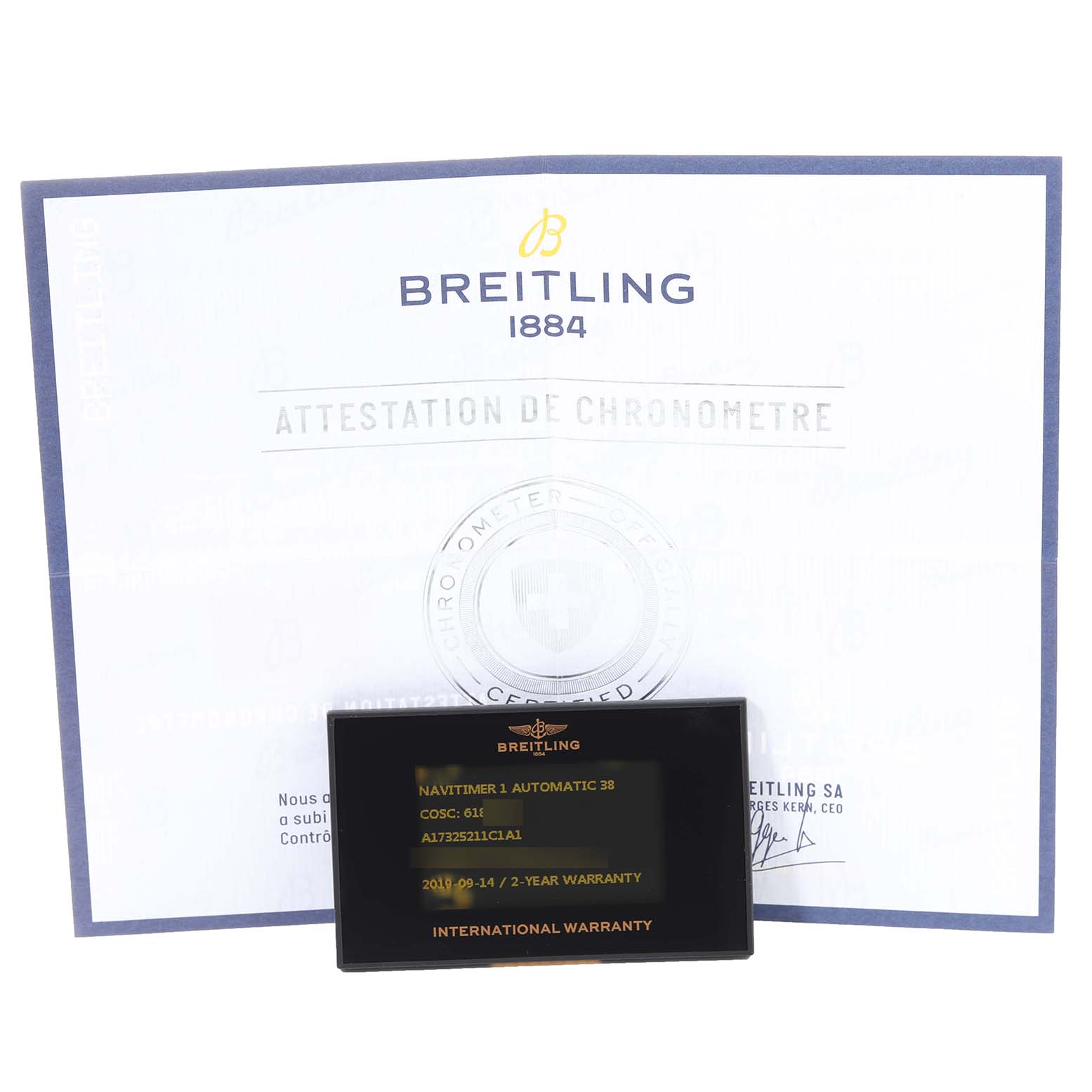 The image shows the warranty certificate and international warranty card for the Breitling Navitimer A17325211C1A1 Men's Stainless Steel Blue Dial A17325211C1A1 Men's Stainless Steel Blue Dial 1 Automatic 38 watch.