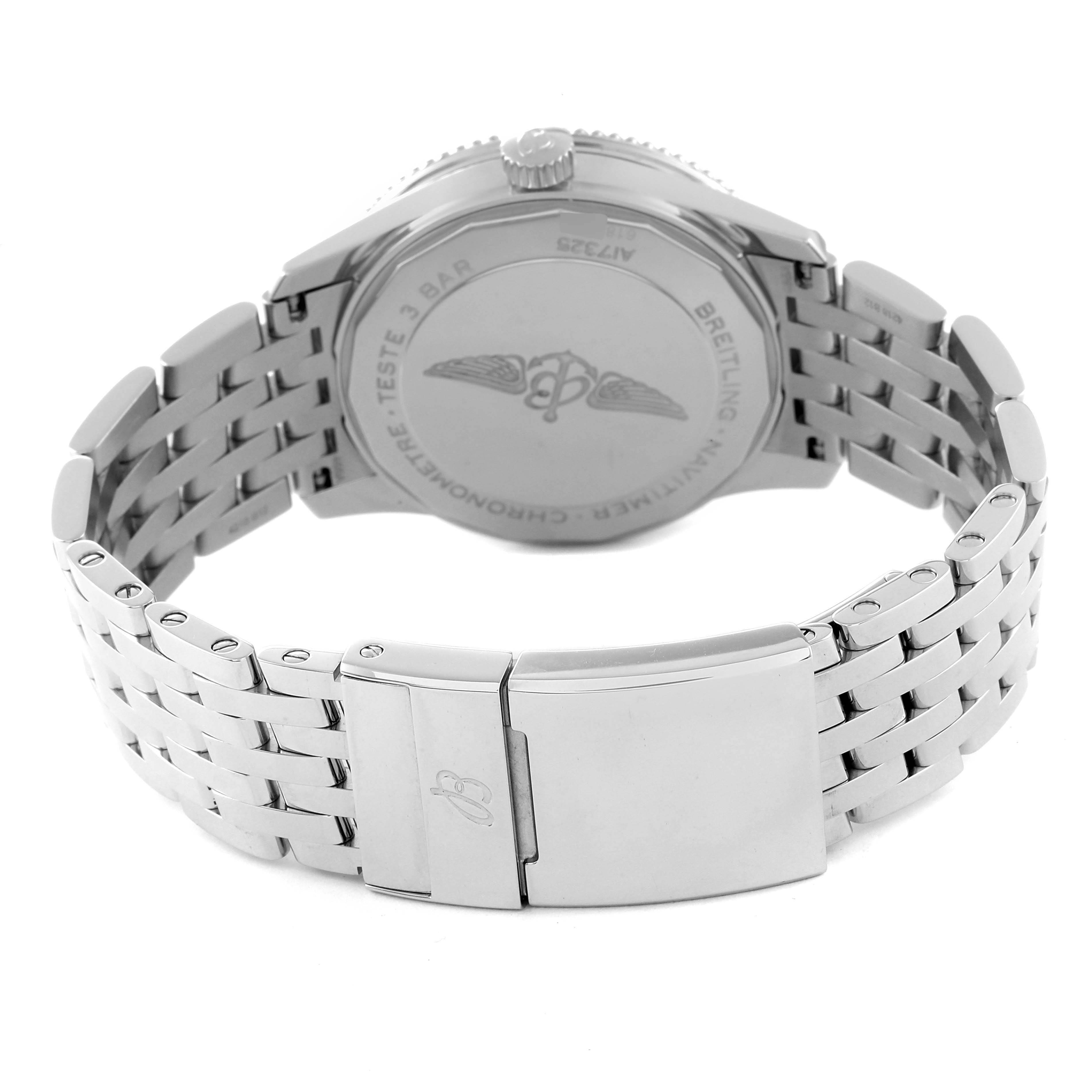 The image shows the back view of a Breitling Navitimer A17325211C1A1 Men's Stainless Steel Blue Dial A17325211C1A1 Men's Stainless Steel Blue Dial watch, highlighting its case back and stainless steel bracelet.