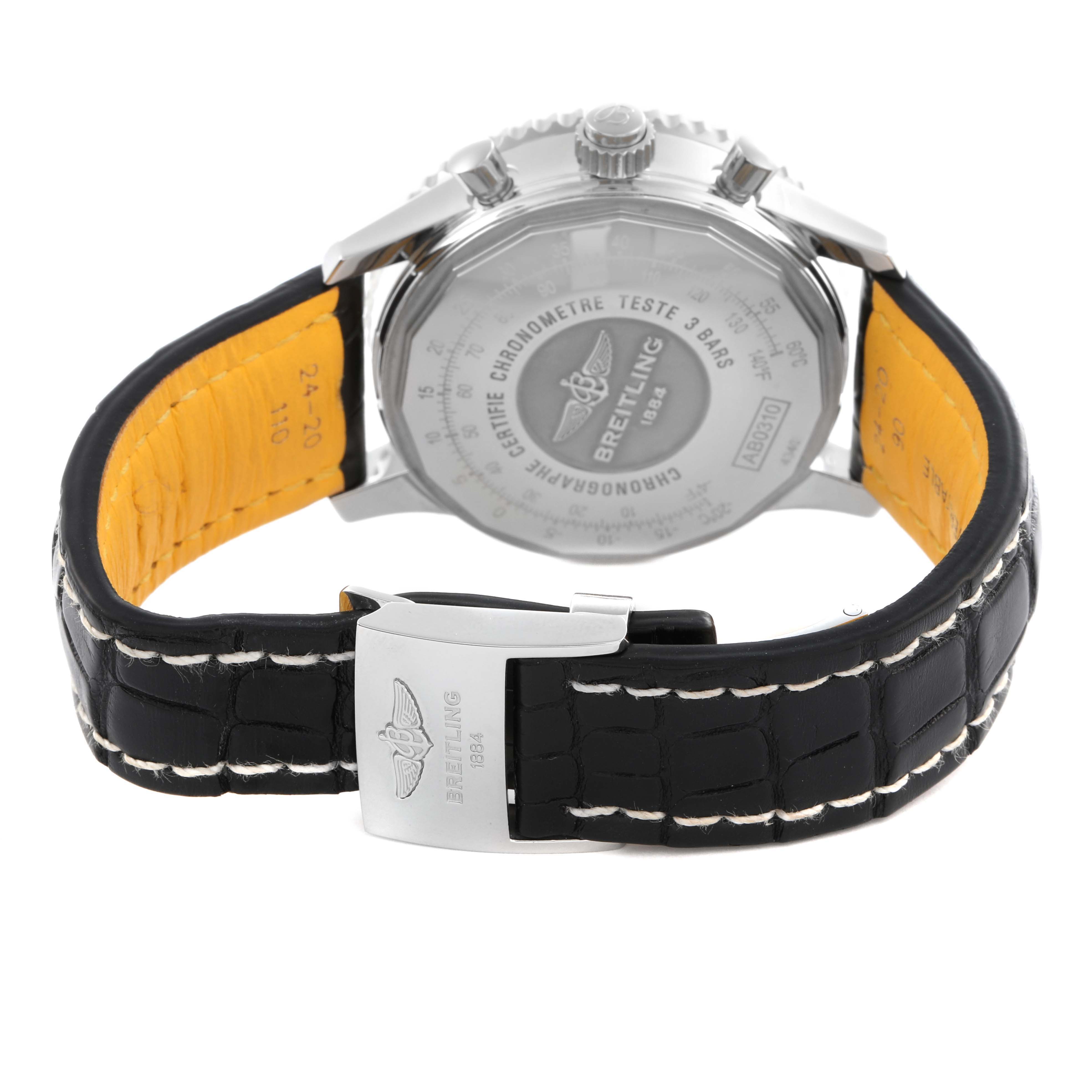 The image shows the back view of the Breitling Navitimer AB0310 Men's Stainless Steel Black Dial AB0310 Men's Stainless Steel Black Dial, highlighting the case back and black leather strap with a clasp.